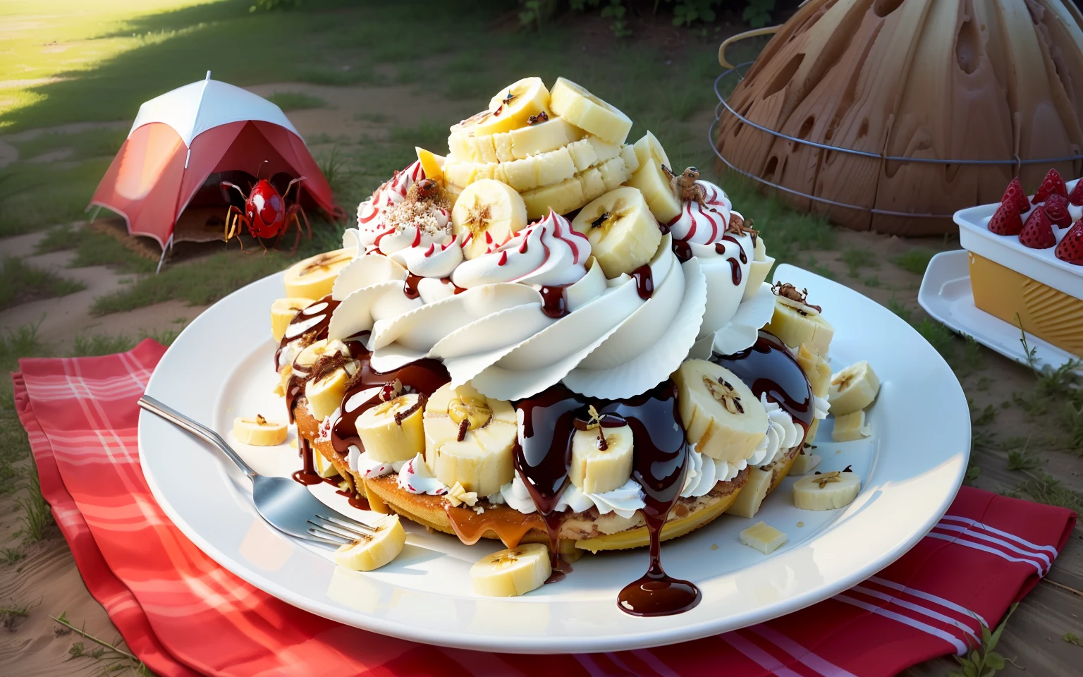 banana split sundae on an anthill covered with a picnic cloth, Ants