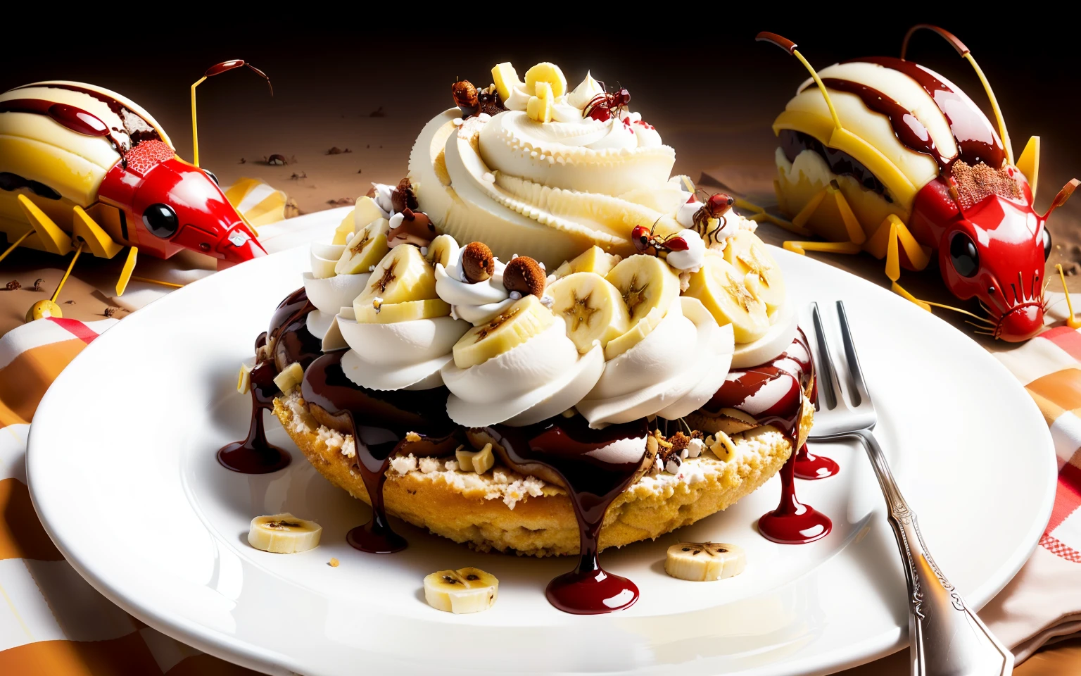 banana split sundae on an anthill covered with a picnic cloth, Ants