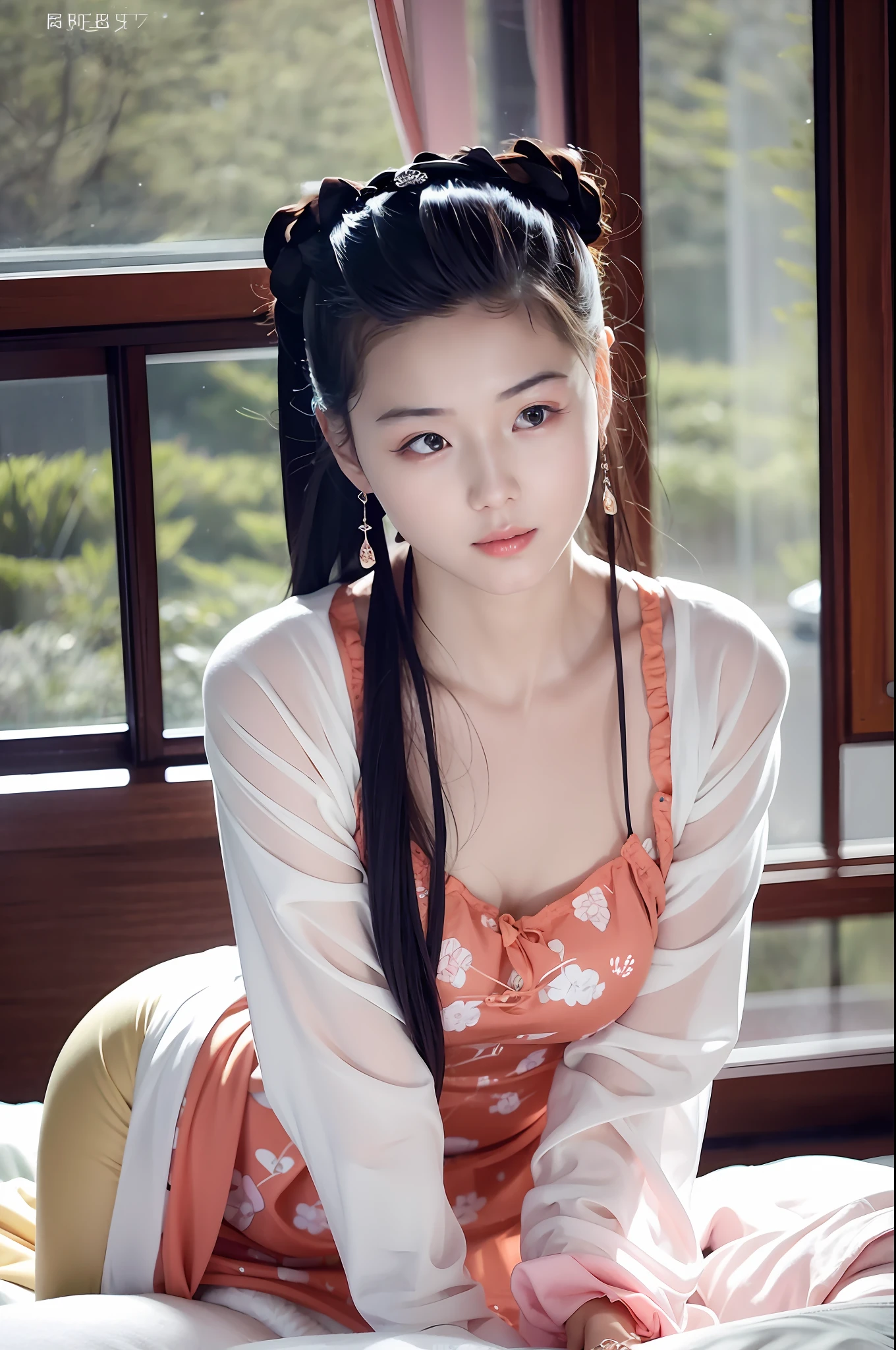 Wearing sexy pajamas, graceful figure, coquettish, study room, sofa, random enchanting movements, facing the camera, imaginative, first love