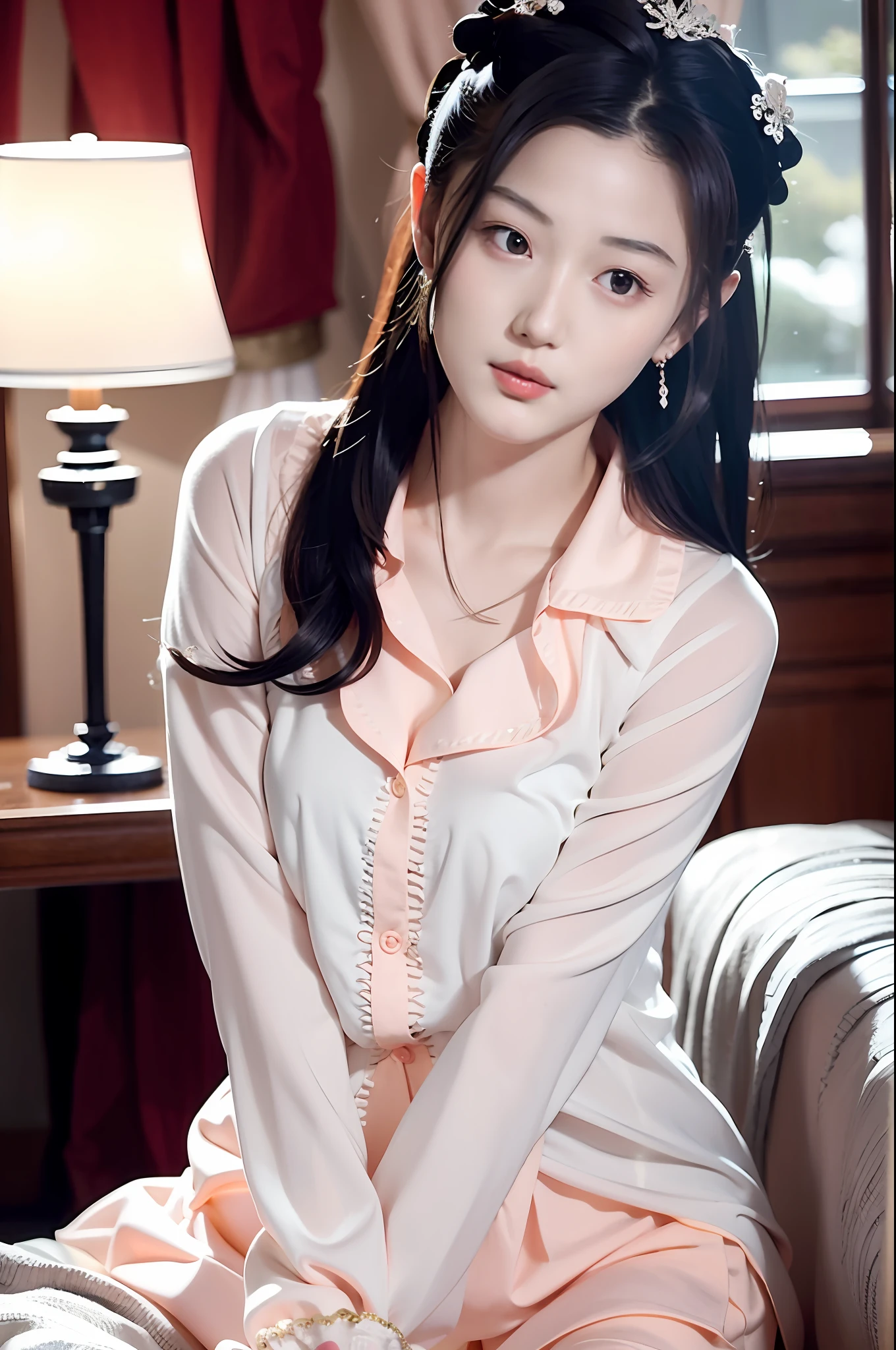 Wearing sexy pajamas, graceful figure, coquettish, study room, sofa, random enchanting movements, facing the camera, imaginative, first love
