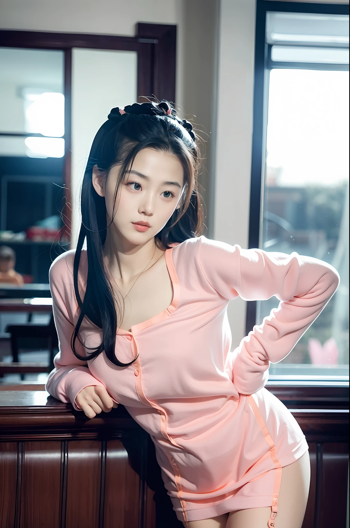 Wearing sexy pajamas, graceful figure, coquettish, study room, sofa, random enchanting movements, facing the camera, imaginative, first love