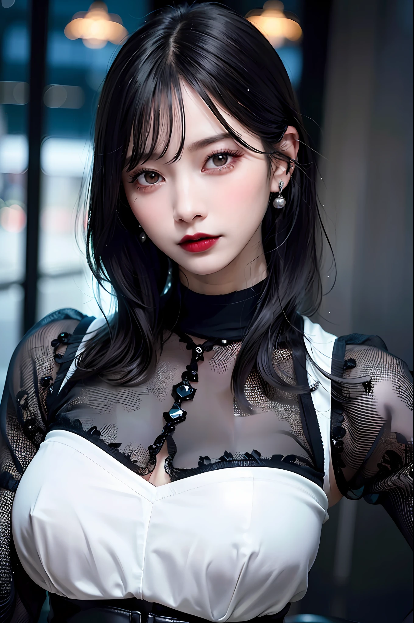 Black Hair Bob, (RAW photo, photorealistic), (very dark lipgloss, pitch black lipstick, so many eyelashes, pitch black eyeshadow, watery eyes, crying, angry, high quality, high resolution, depth of field, chromatic aberration, photon mapping, caustics, Japan person, woman, 30s), white bra, necklace, single woman, earrings, bracelet, Big breasts that look soft, good style, slender figure, tips of are clearly visible, whole body, raw legs, body line is very sexy, crotch wide open, sticking out, skin is very exposed, the tip of the is clearly visible, areola is visible, pubic area is clearly visible, crotch wide open