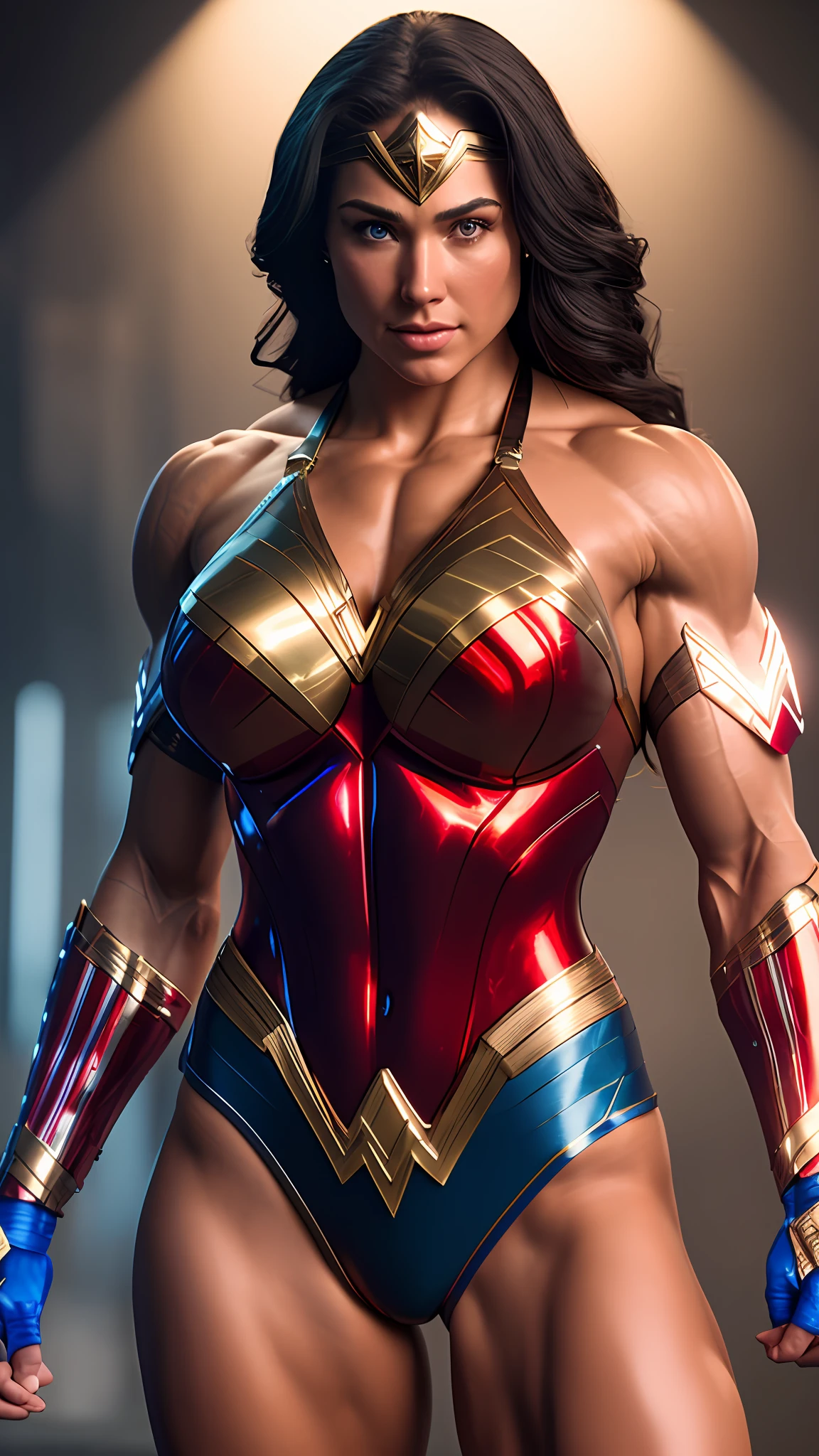 Cinematic soft lighting illuminates a stunningly detailed and ultra-realistic Wonder Woman bodybuilder, muscular, red and blue armor that is trending on ArtStation. Octane is the perfect tool to capture the softest details of this 16k photography masterpiece