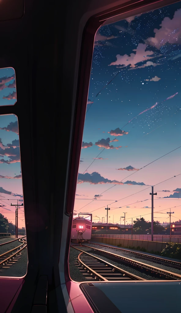 anime scene of a train passing under a pink and purple sky, an anime drawing by Makoto Shinkai, trending on pixiv, magical realism, beautiful anime scene, cosmic skies. by makoto shinkai, ( ( makoto shinkai ) ), by makoto shinkai, anime background art, style of makoto shinkai
