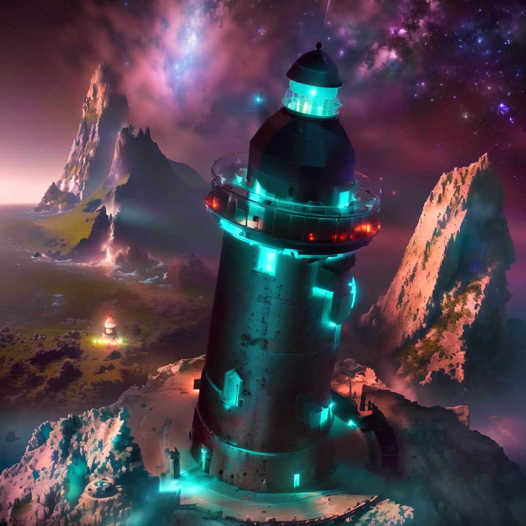 there is a lighthouse on a rocky island with a mountain in the background, stuning fantasy 3 d render, lighthouse, jessica rossier fantasy art, sci-fi magic highly detailed, space ship above an island, inspired by jessica rossier, lighthouse in the desert, mage tower far away, 3 d render of a scifi spaceport, futuristic outpost building
