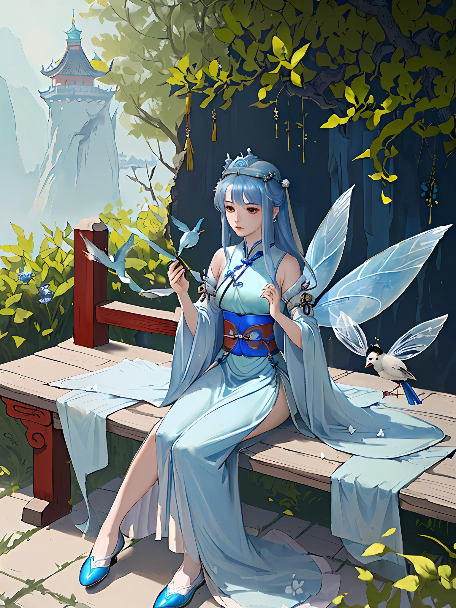 ((fantasy style, delicate and beautiful, high quality)), sitting on a bench, blue dress, a bird, a palace, a girl in Chinese costume, a beautiful fantasy queen, martial arts fantasy, full-body attire, ((inspired by Zhao Yuan), (inspired by Qiu Ying), (inspired by Li Tang), (inspired by the sea queen Mu Yanling)), v6 . --auto