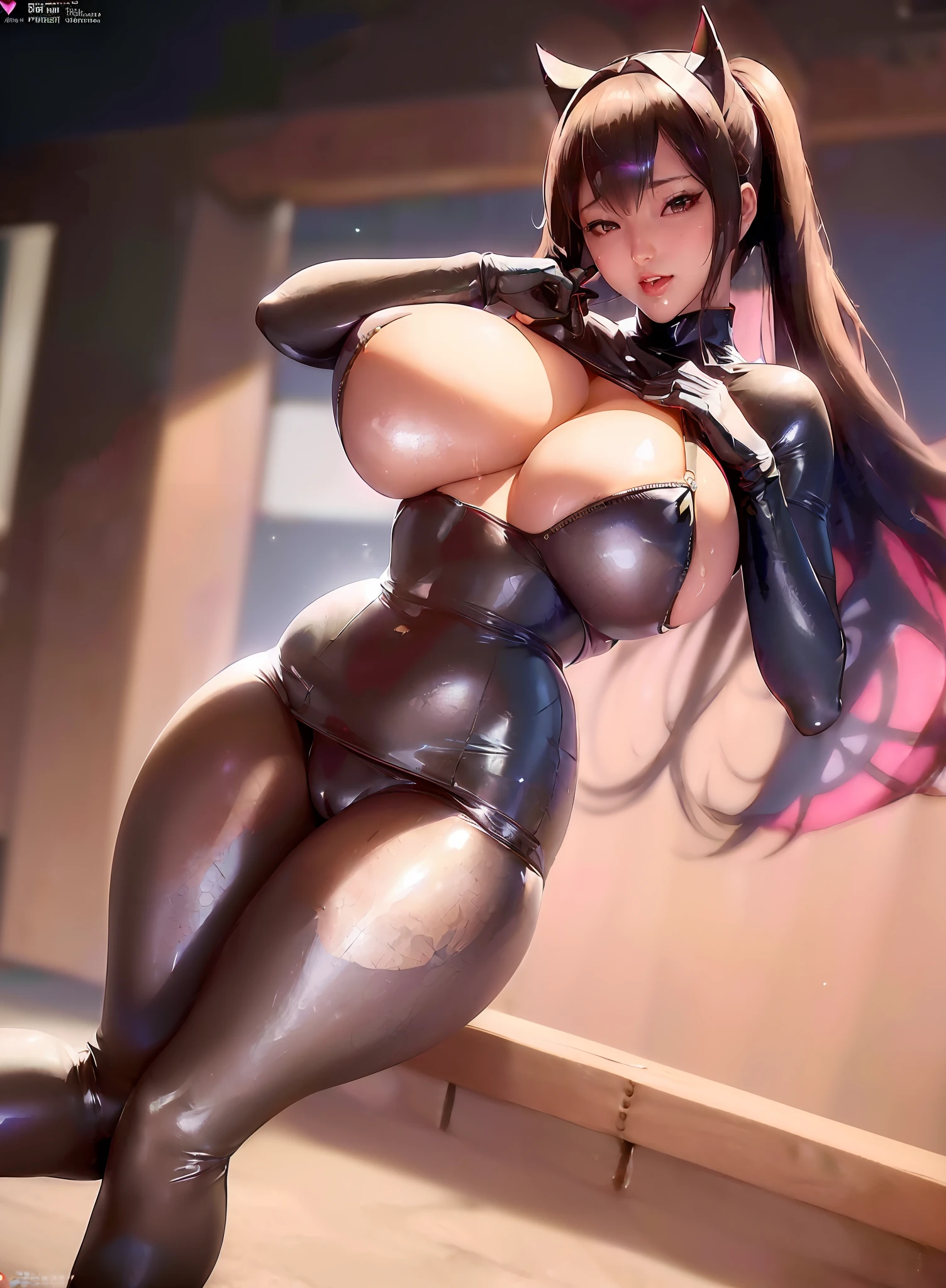 ((Zero Two as a sexy female batman, batman logo across the chest of her suit, dynamic gravure lewd centerfold pose, tight black suit, Gantz, black rubber gloves, full coverage shiny latex, extreme breast indentation, areolas poking through her tight suit, breasts heaving, heavy breasts)), 8k, busty, curvy but slender, fit, sexy six pack abs, ((massive exposed camel toe)), sfw, geisha lipstick, thick juicy bimbo lips, small waist and wide hips, perfect realistic lips, super amazing fat camel toe, harajuku make-up, high resolution, highly detailed, cinema 4d, trending on Pixiv, trending on civitai, brat, kawaii, ((camel toe wet and shiny)), sexual ecstasy, sfw, ecchi, latex fetish, ((Japanese PlayStation Magazine cover with bold kanji)), perfect composition, no errors, no glitches, smooth skin, perfect shiny suit, erotic and innovative