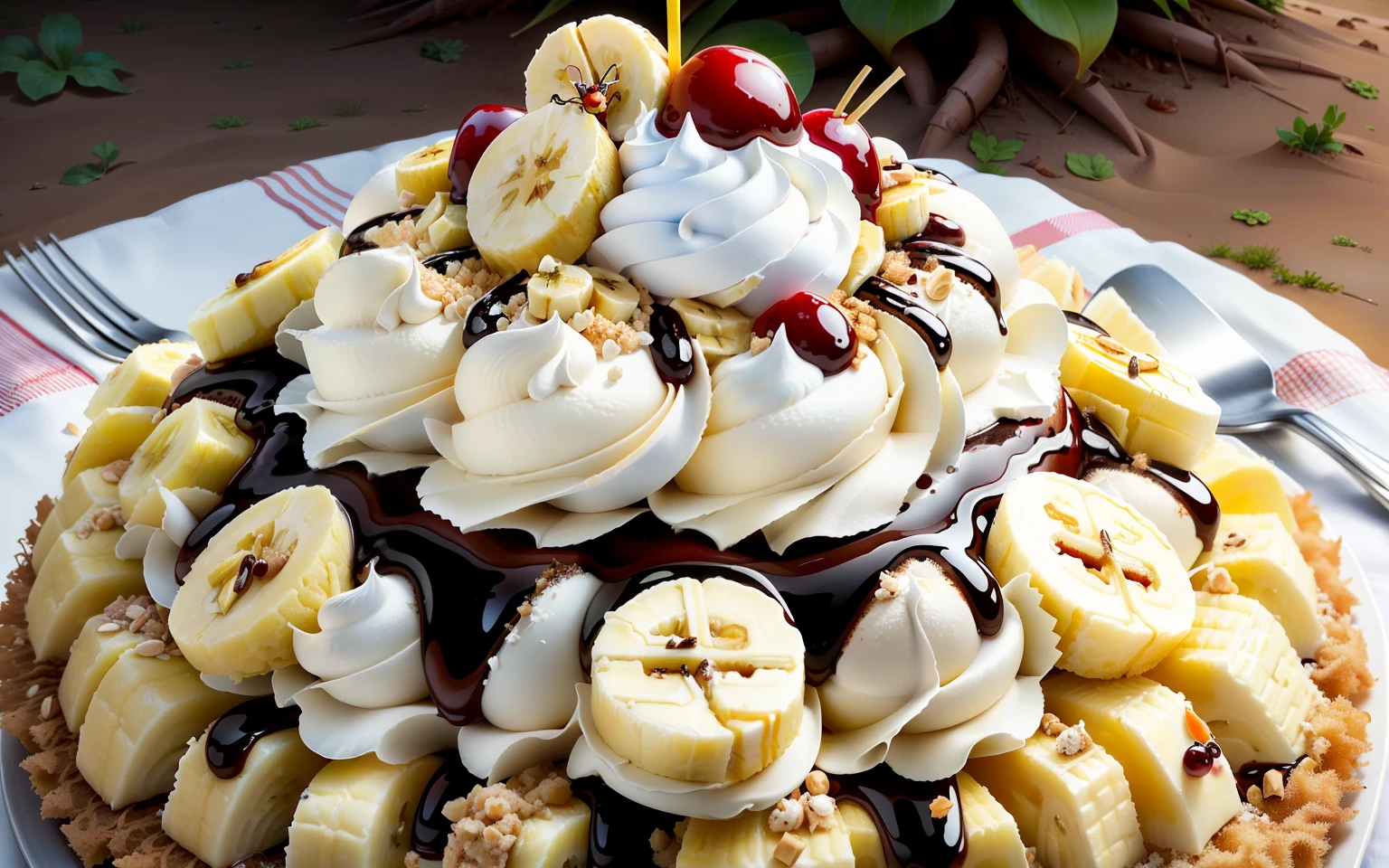 banana split sundae on an anthill covered with a picnic cloth, Ants