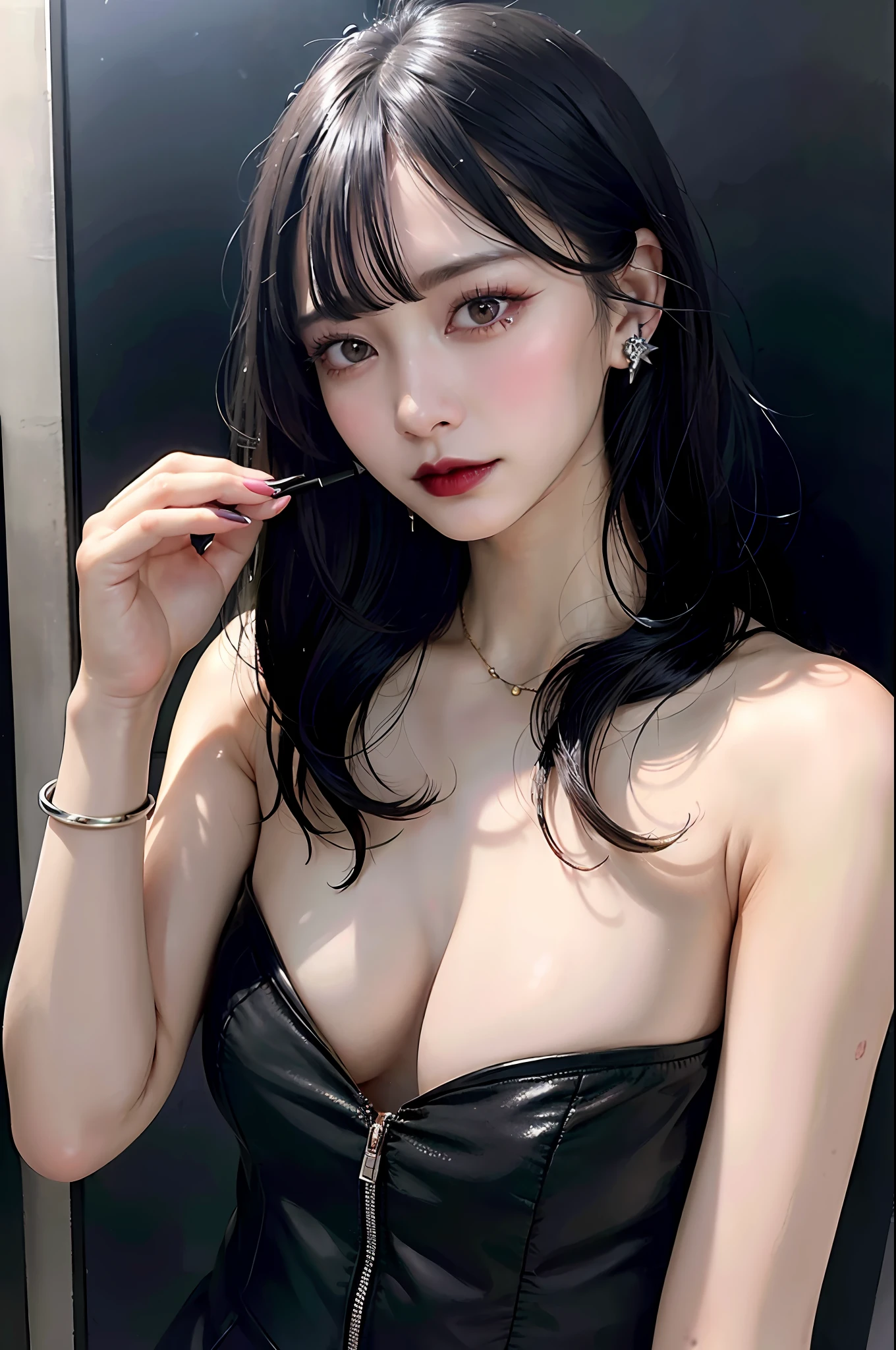 Black Hair Bob, (RAW Photography, Photorealism), (Very dark lip gloss, pitch black lipstick, so many eyelashes, pitch black eyeshadow, watery eyes, crying, angry, high quality, high resolution, depth of field, chromatic aberration, photon mapping, caustics, Japan person, woman, 30s), glasses, white bra, necklace, single woman, earrings, bracelet, Soft big, good style, slender figure, the tip of the is clearly visible, the body line is very sexy, the are sticking out, the skin is very exposed, the areola is visible,