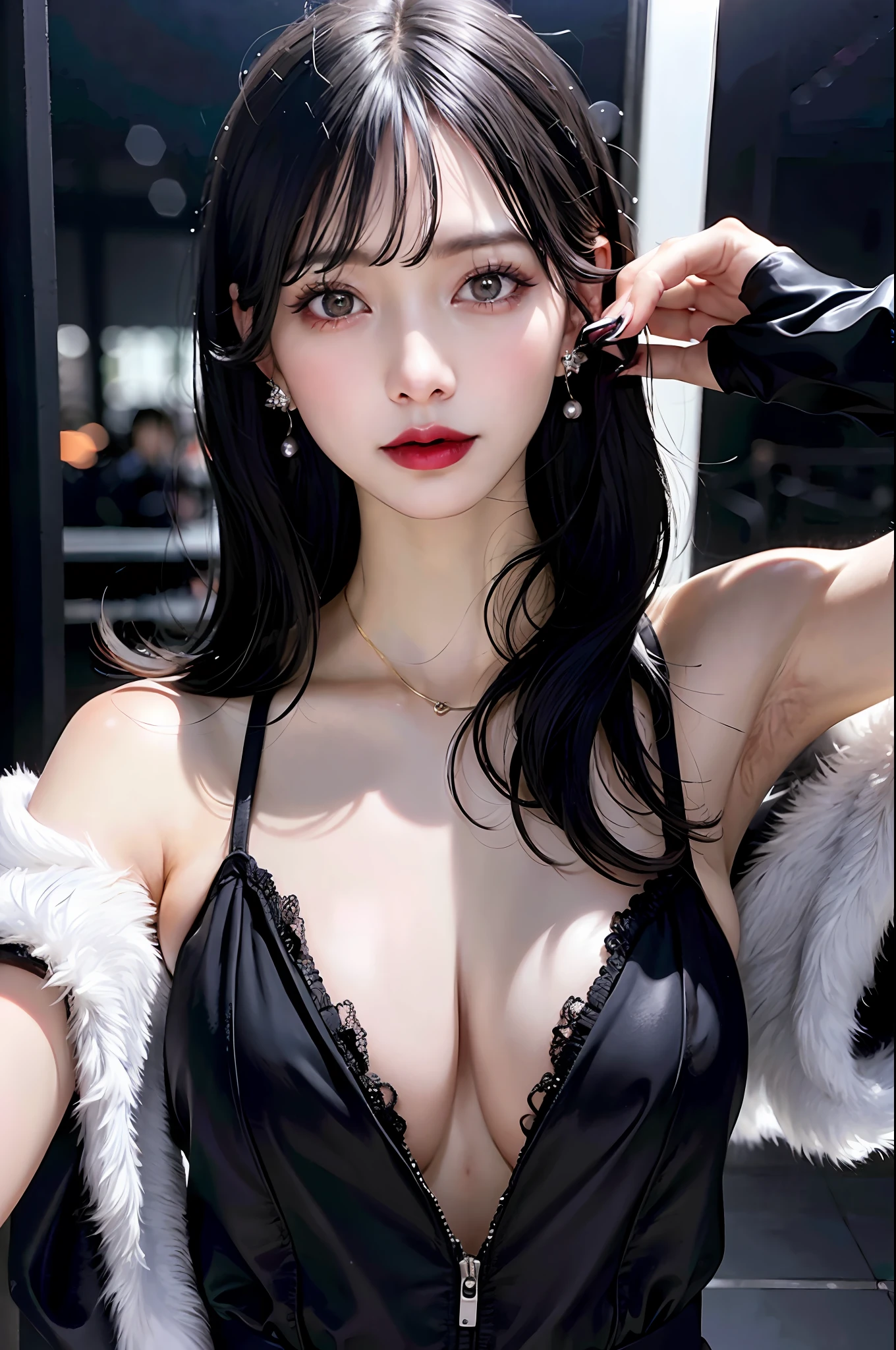 Black Hair Bob, (RAW Photography, Photorealism), (Very dark lip gloss, pitch black lipstick, so many eyelashes, pitch black eyeshadow, watery eyes, crying, angry, high quality, high resolution, depth of field, chromatic aberration, photon mapping, caustics, Japan person, woman, 30s), glasses, white bra, necklace, single woman, earrings, bracelet, Soft big, good style, slender figure, the tip of the is clearly visible, the body line is very sexy, the are sticking out, the skin is very exposed, the areola is visible,