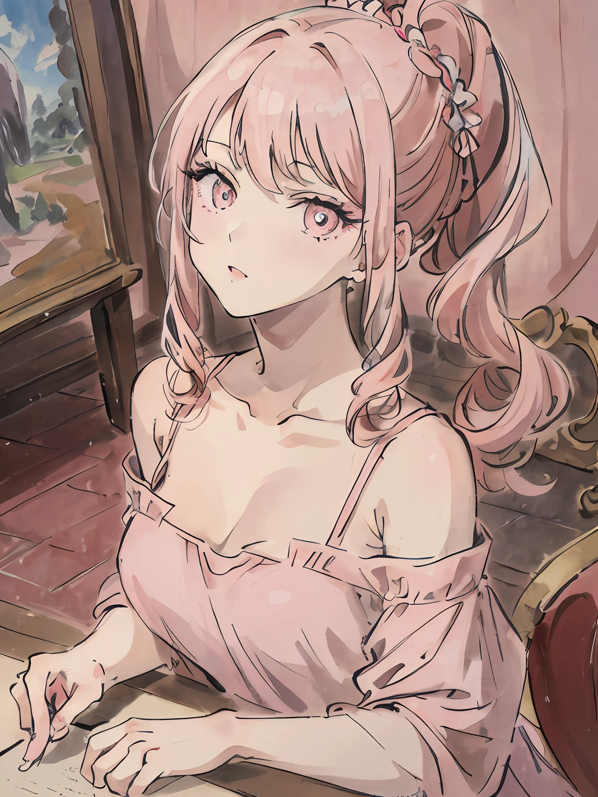 masterpiece, best quality, an extremely delicate and beautiful girl, an extremely delicate and beautiful, world masterpiece theater, ultra-detailed, highly detailed, best quality, a girl with pink hair, pink eyes, highres, extremely detailed,1girl, best quality, illustration, looking at viewer, upper body, impasto, canvas, oil painting, realistic, realist , real
