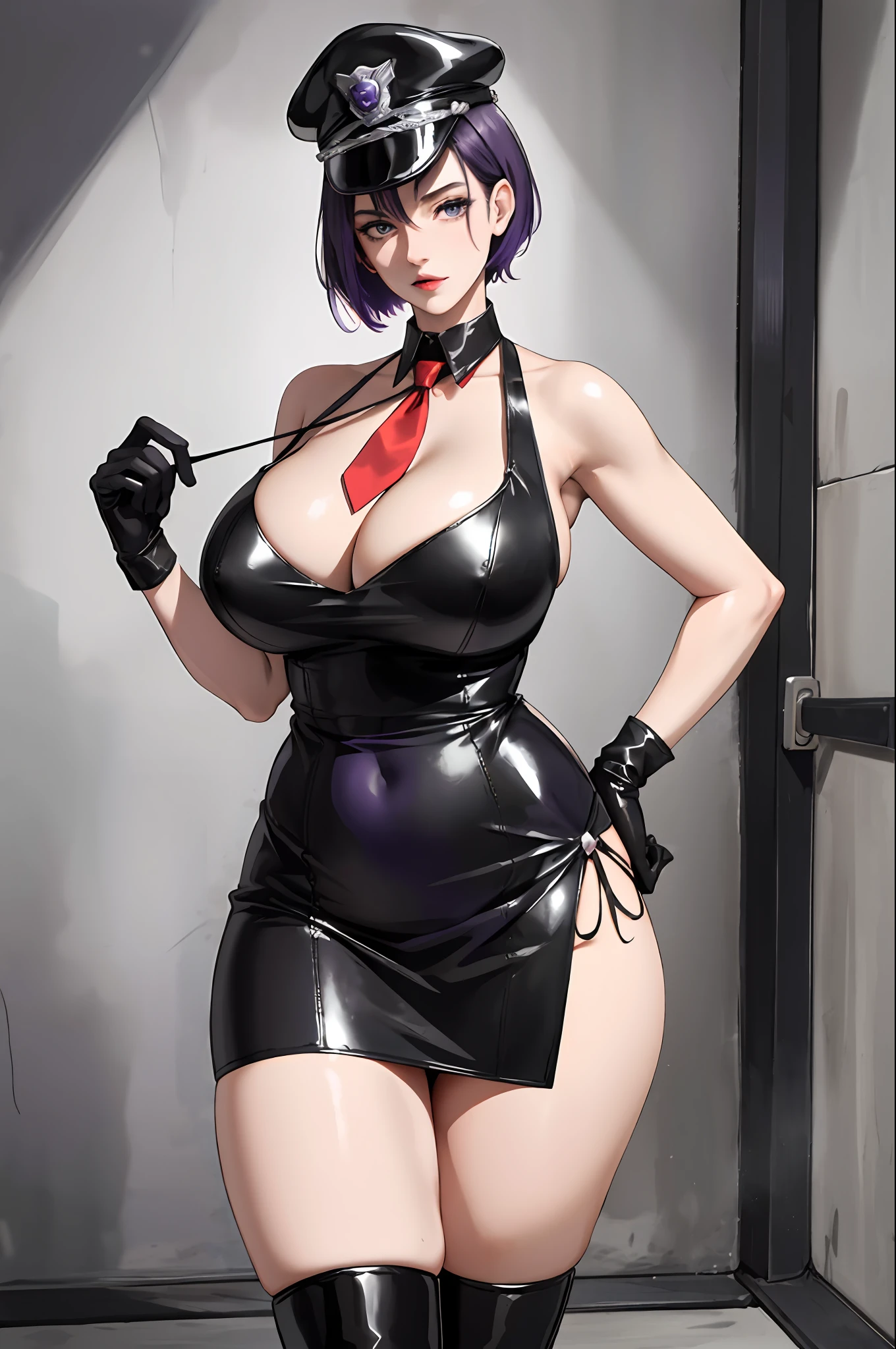 A tall and beautiful woman with short purple hair, immature face, confident expression, wearing a black police hat, a red tie, a tight purple low-cut dress, purple leather gloves, stepping on black leather boots, revealing thighs and shoulders, plump body, big breasts, in a prison.