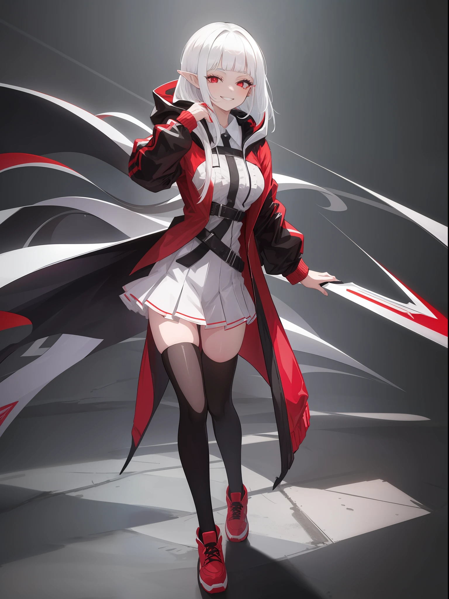 1girl, white hair, bangs, blunt bangs, vampire, frilled skirt, red windbreaker, modern windbreaker, modern, modern outfit, Columbia Women's Switchback III Jacket, hood down, pointy ears, looking at viewer, smile, solo, amused expression, smug, thigh-highs, red eyes, full body, simple background, white background, anime, (((modern day))), reference sheet, UHD, best quality