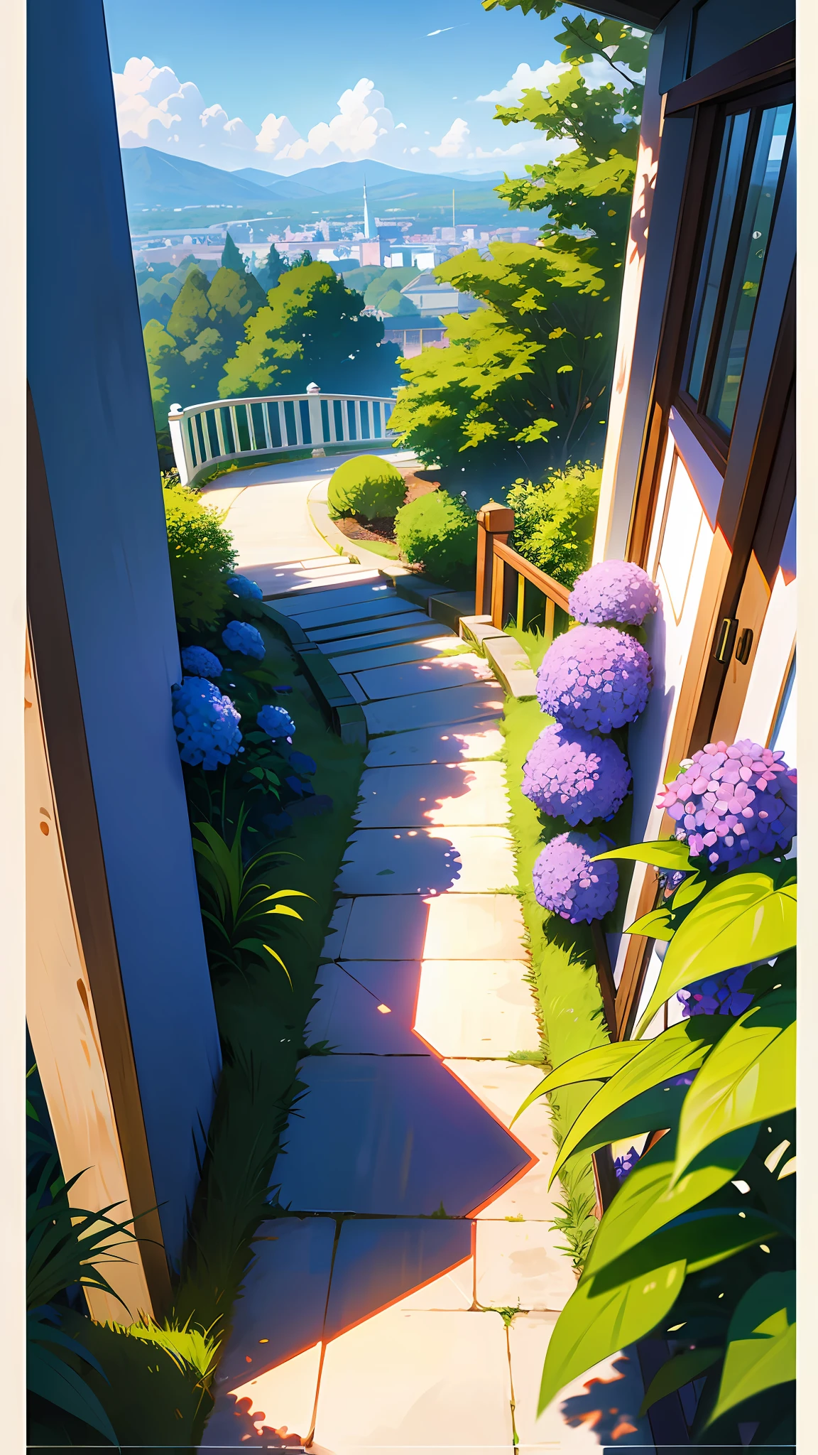 (ultra high res,photorealistic,best quality,photo-realistic),(8k,raw photo,best quality,masterplece),(photon mapping,radiosity,physically-based rendering,automatic white balance),real person,photograph,bridge, building, bush, city, cloud, day, door, fence, field,orest, garden, grass, house, hydrangea, mountain, nature, no_humans, outdoors, path, plant, potted_plant, purple_flower, road, scenery, sky, skyscraper, traditional_media, tree,