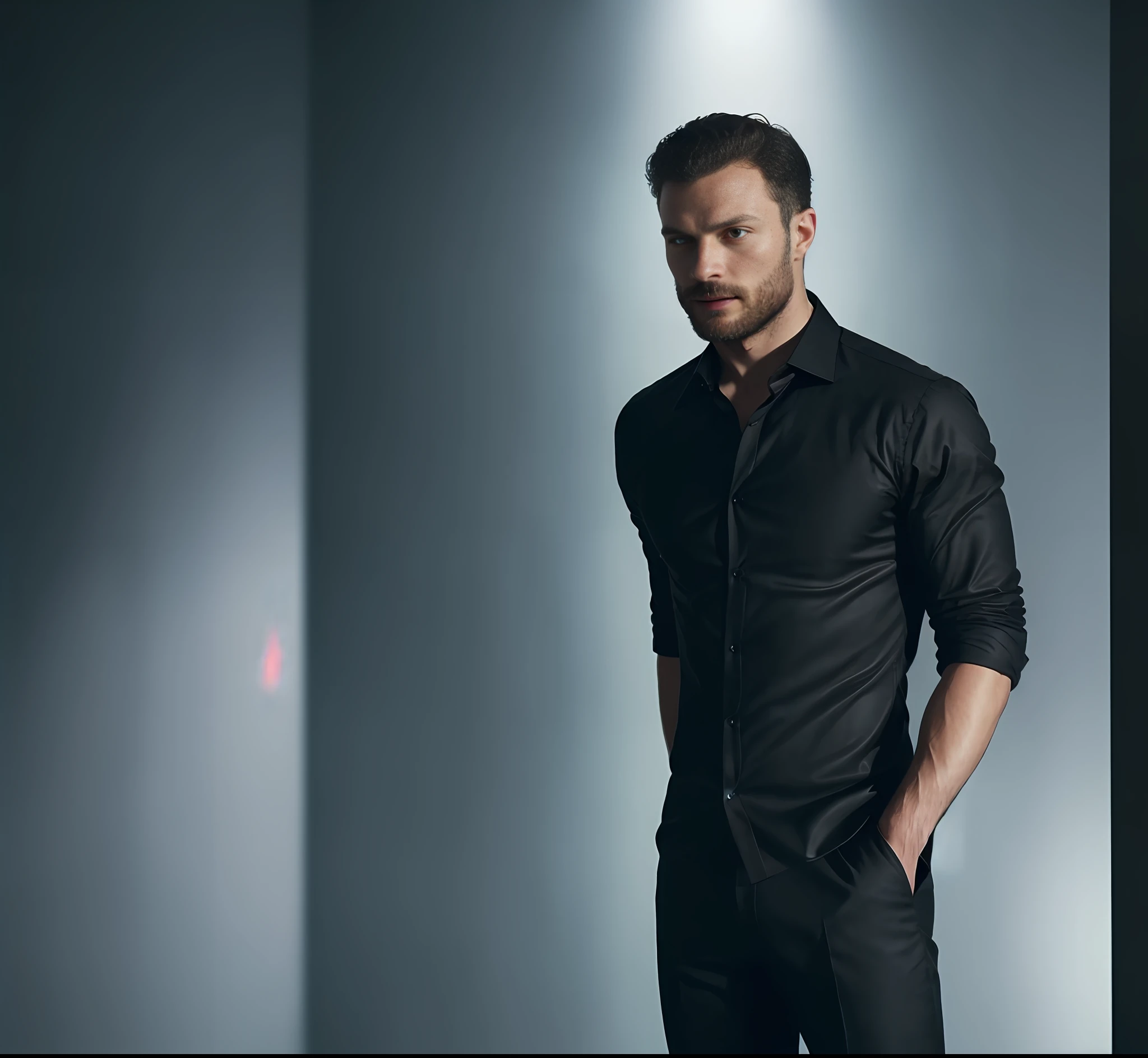 (Man wearing black dress shirt), in a skyscraper in New York, night weather, (wearing beard,) attractive and serious look, short dark hair, stylish and elegant, show body, man similar to actor jamie dornan, (high quality and realistic image), nocturnal environment, ((Best quality, 8k, Masterpiece).