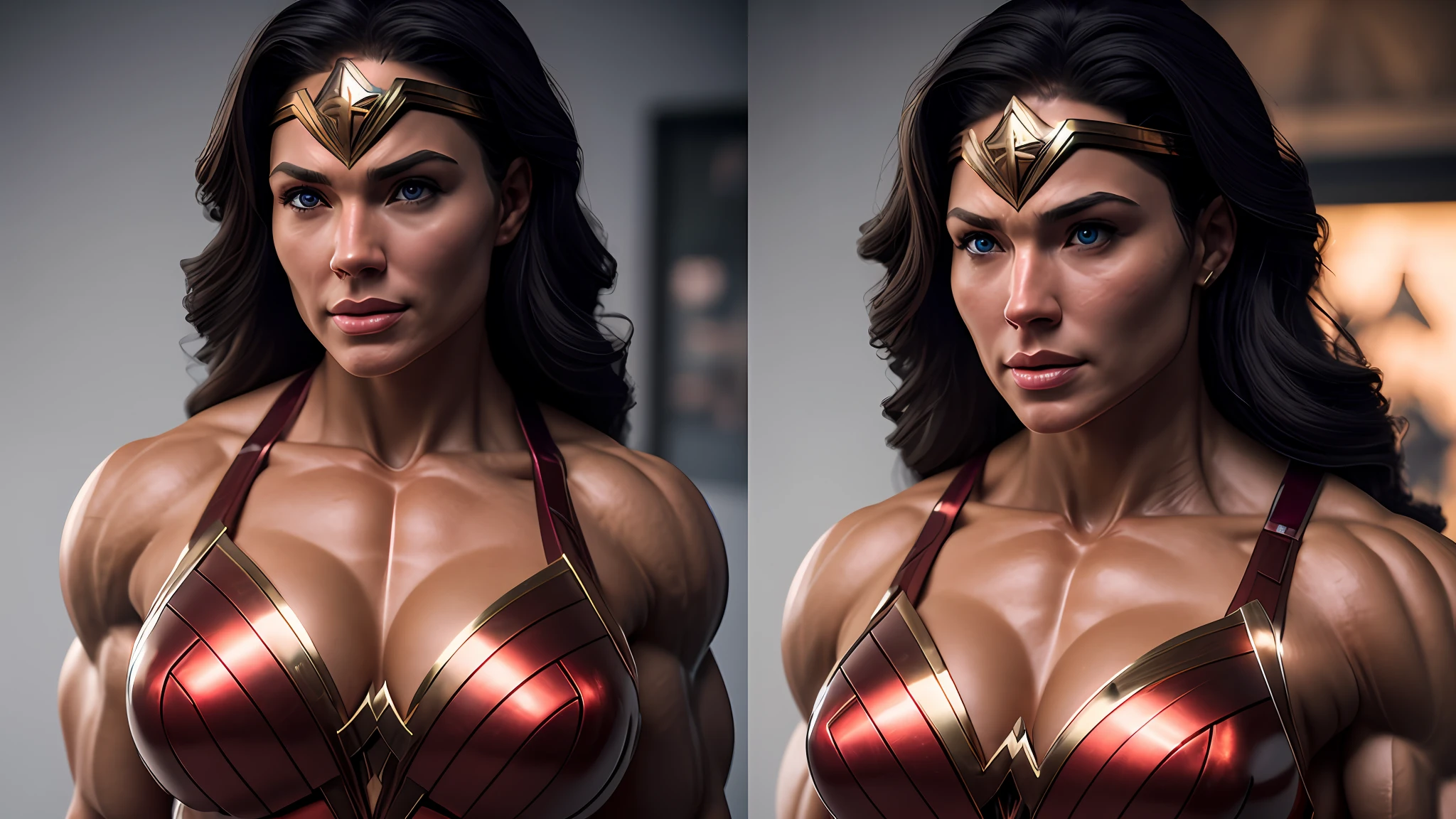 Cinematic soft lighting illuminates a stunningly detailed and ultra-realistic Wonder Woman bodybuilder, muscular, red and blue armor that is trending on ArtStation. Octane is the perfect tool to capture the softest details of this 16k photography masterpiece