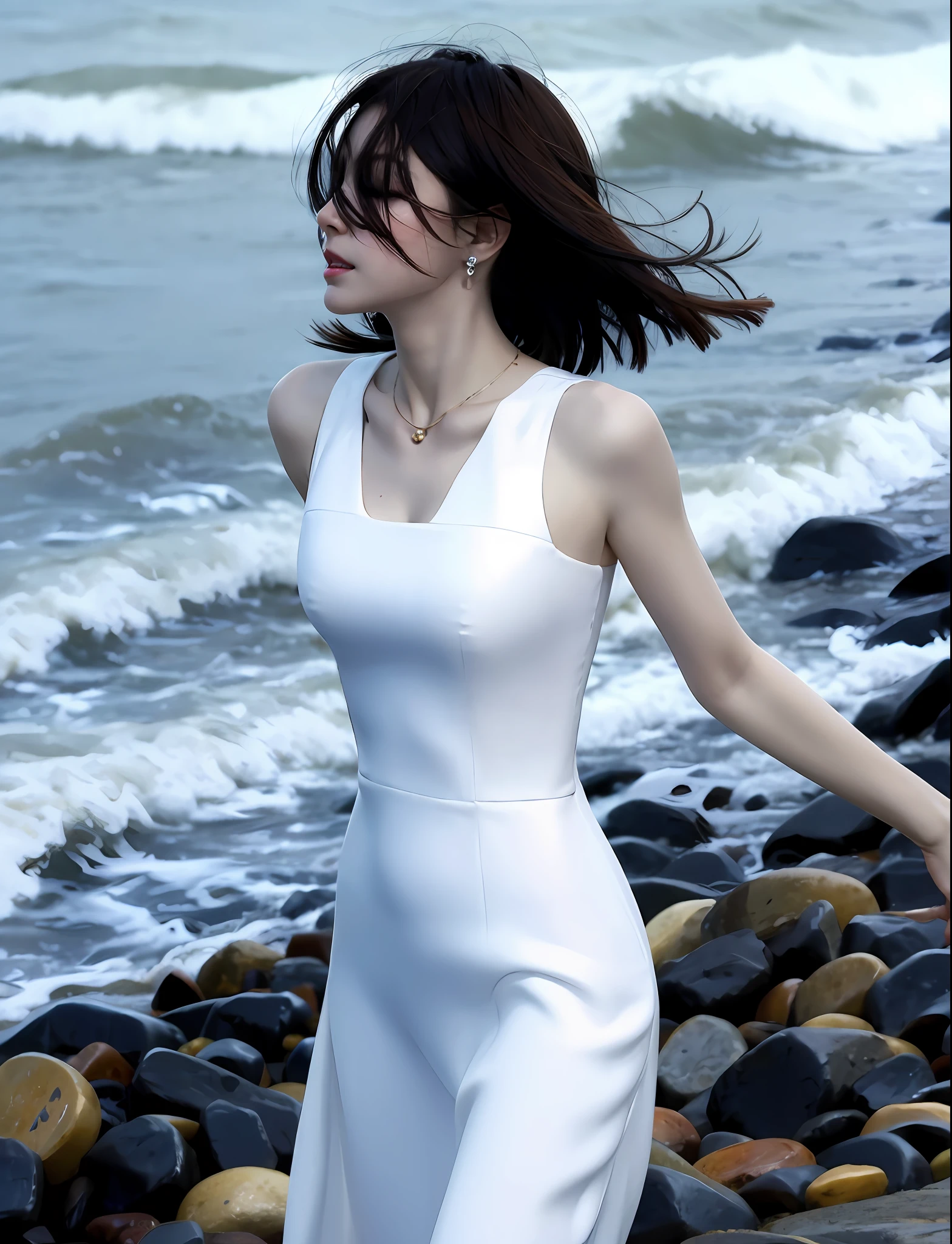 1girl, blurry, jewelry, depth_of_field, blurry_background, ocean, earrings, solo, water, short_hair, waves, realistic, dress, snow, blurry_foreground, ring, closed_eyes, breasts, white_dress