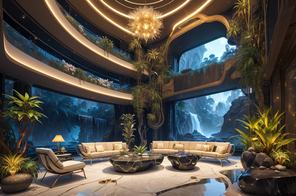 incredible luxurious futuristic living room interior in Ancient Egyptian style with many (((lush plants))), ((beautiful flowers)), (lotus flowers), ((palm trees)), rocky walls, ((sand)), ((waterfalls)) (marble), ((precious minerals)), ((metals)), (gemstones), crystals, clouds and ((water)), ((curvy futuristic furniture)), crocodiles, (hieroglyphics), (((ultra luxury))), (black marble) – with ((beautiful lights)), Unreal Engine, HQ, 16k