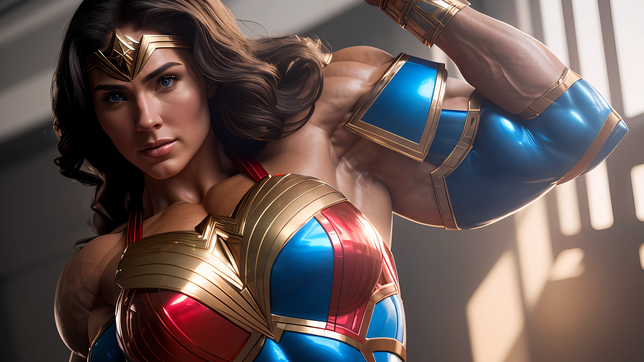 Cinematic soft lighting illuminates a stunningly detailed and ultra-realistic Wonder Woman bodybuilder, muscular, red and blue armor that is trending on ArtStation. Octane is the perfect tool to capture the softest details of this 16k photography masterpiece