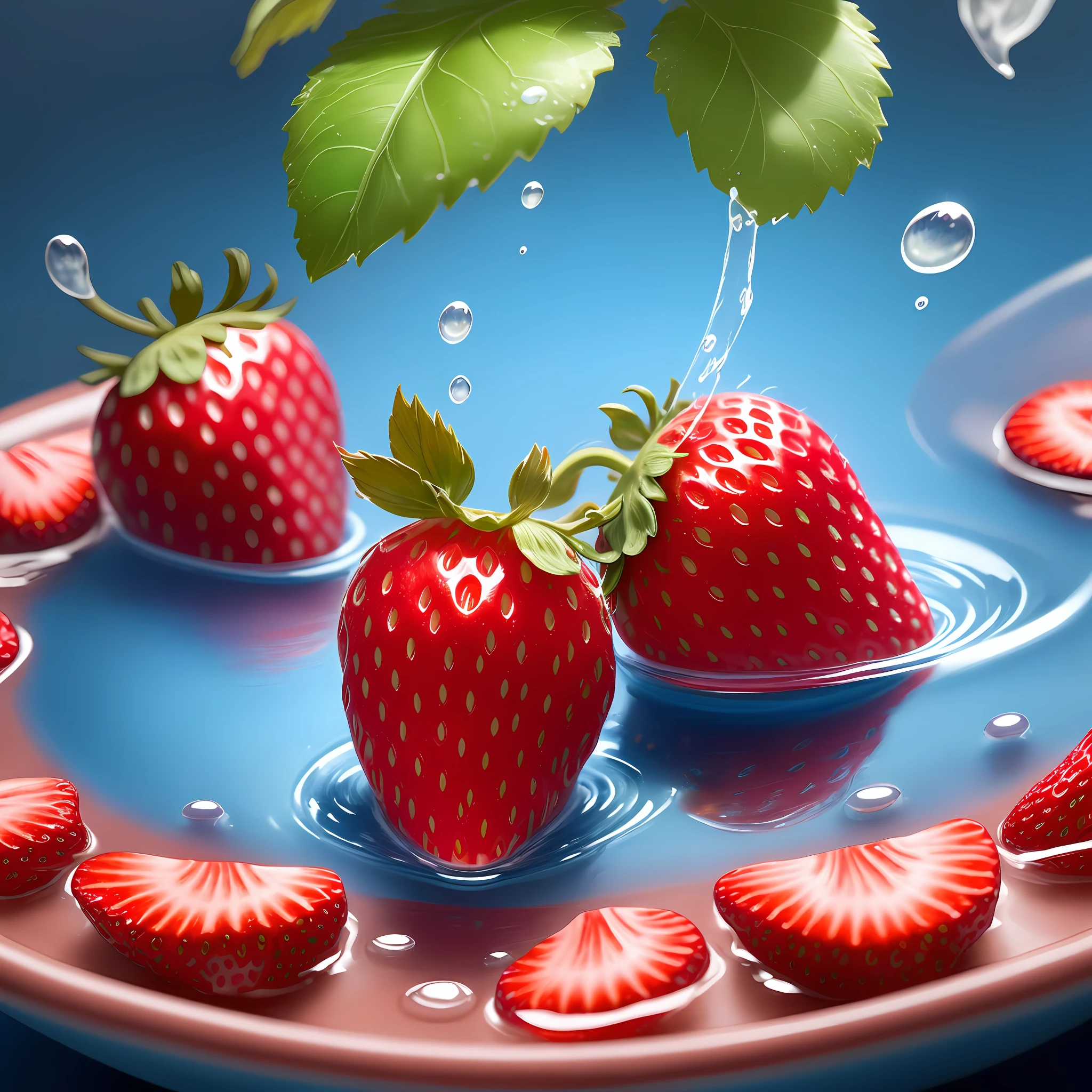 Only a pretty strawberry, dripping water droplets, fruit photography, commercial photography, ultra realistic, realistic style, high detail, ultra hd, 4K, blue background