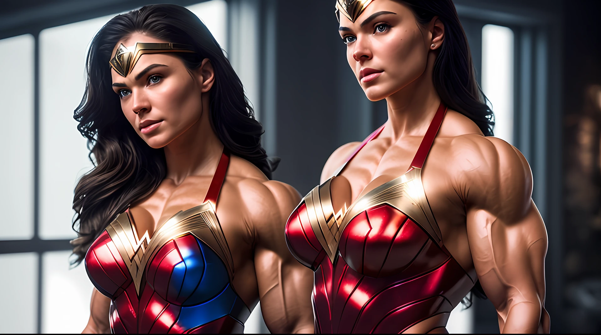 Cinematic soft lighting illuminates a stunningly detailed and ultra-realistic Wonder Woman bodybuilder, muscular, red and blue armor that is trending on ArtStation. Octane is the perfect tool to capture the softest details of this 16k photography masterpiece