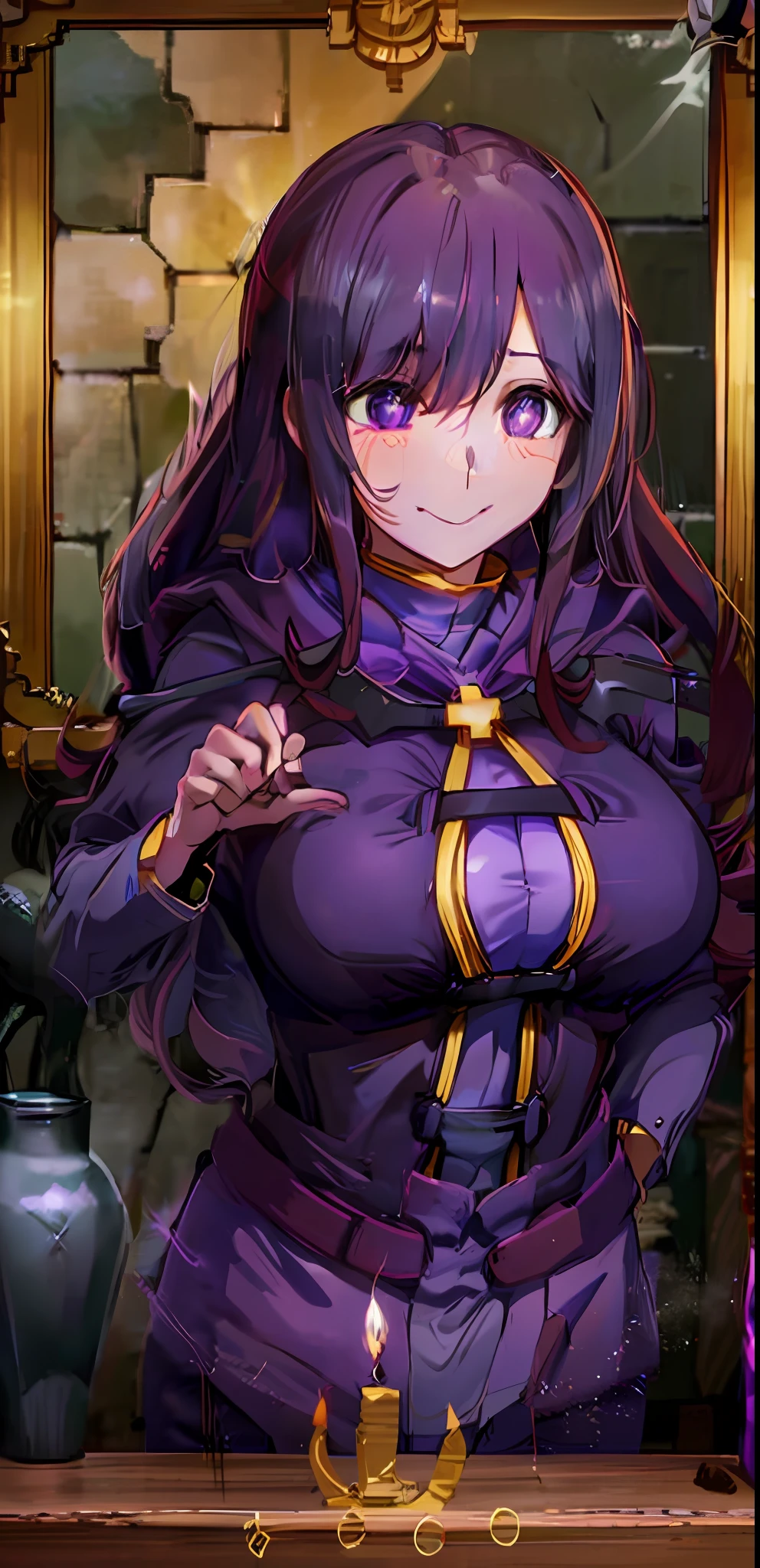 WizKonosuba, 1girl, bangs, large breast,purple hair, hair strand, brown eyes, long hair, portrait, solo, cinematic lighting, hard shadows, studio lighting, depth of field, bokeh, smile, happy, dark castle, castle room, candles