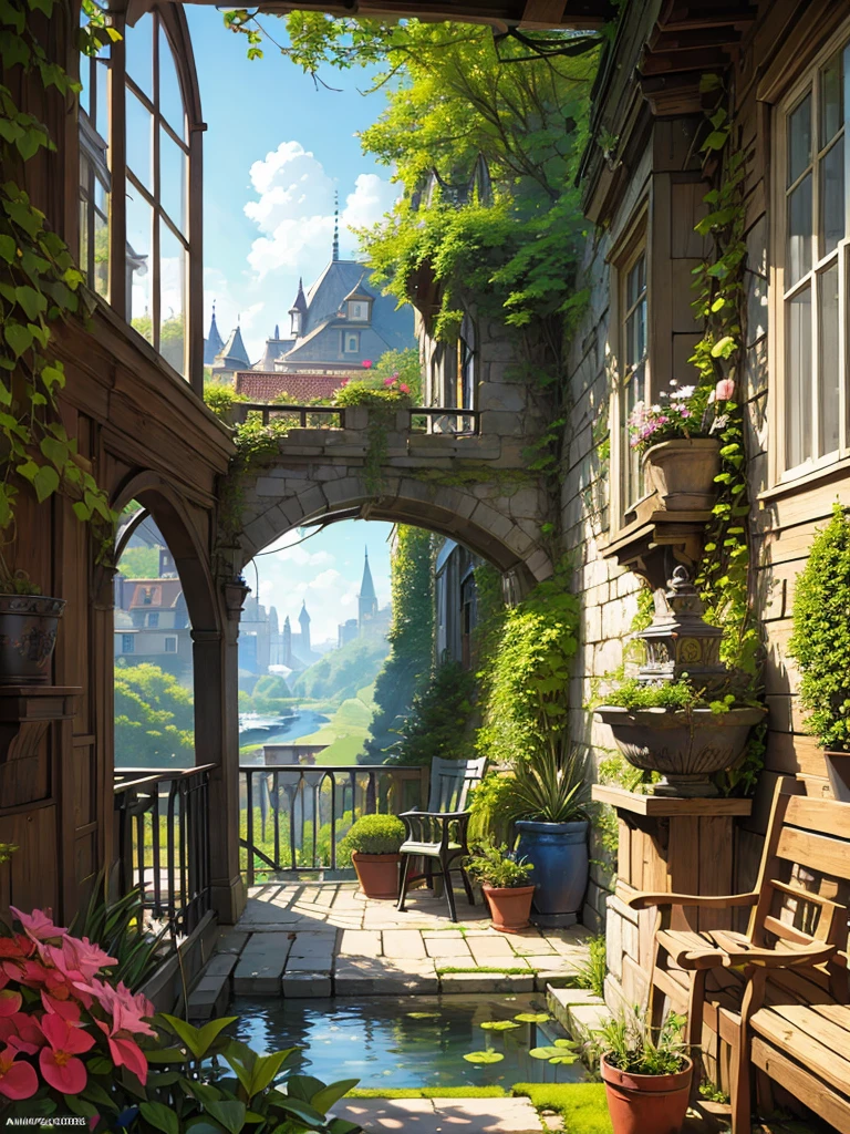 A painting of a courtyard with a bench and a fountain - SeaArt AI