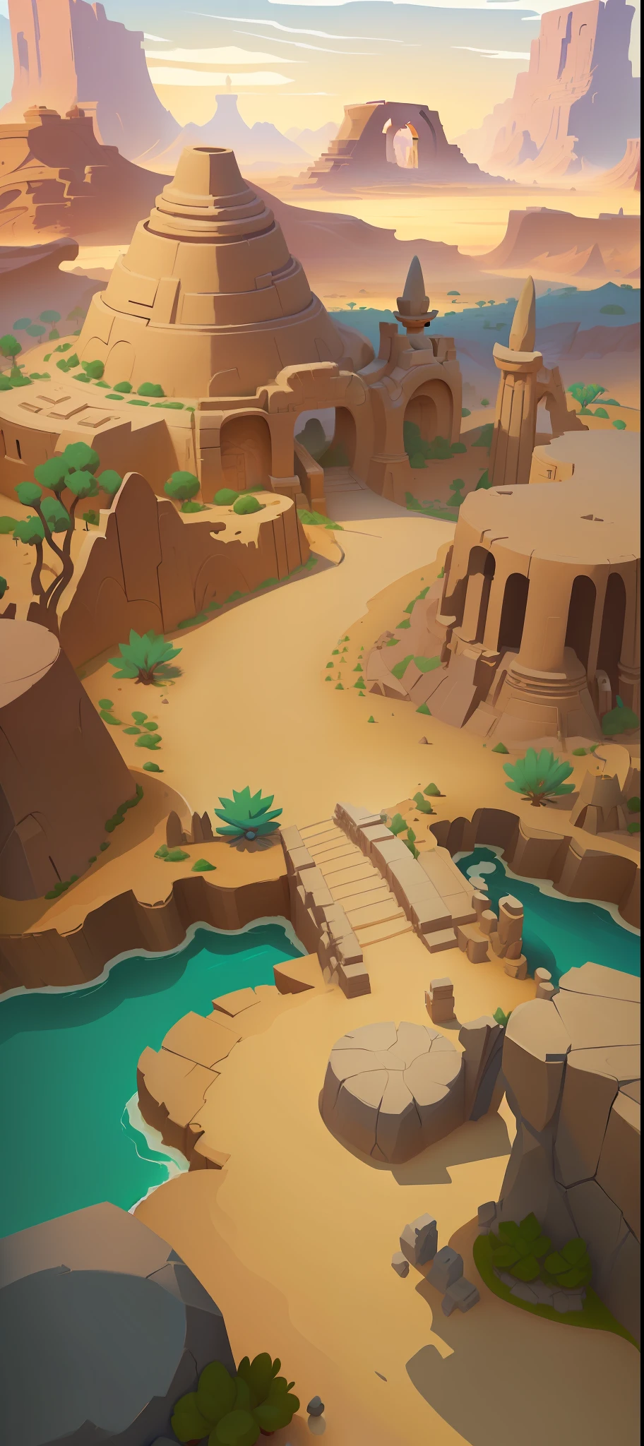 there is a cartoon picture of a desert with a bridge, stylized concept art, desert oasis background, stylized game art, mobile game background, background artwork, arena background, background art, mobile game art, painted as a game concept art, ancient ruins background, stylized painting, loadscreen”, stylized art, stylized background, game illustration, island background