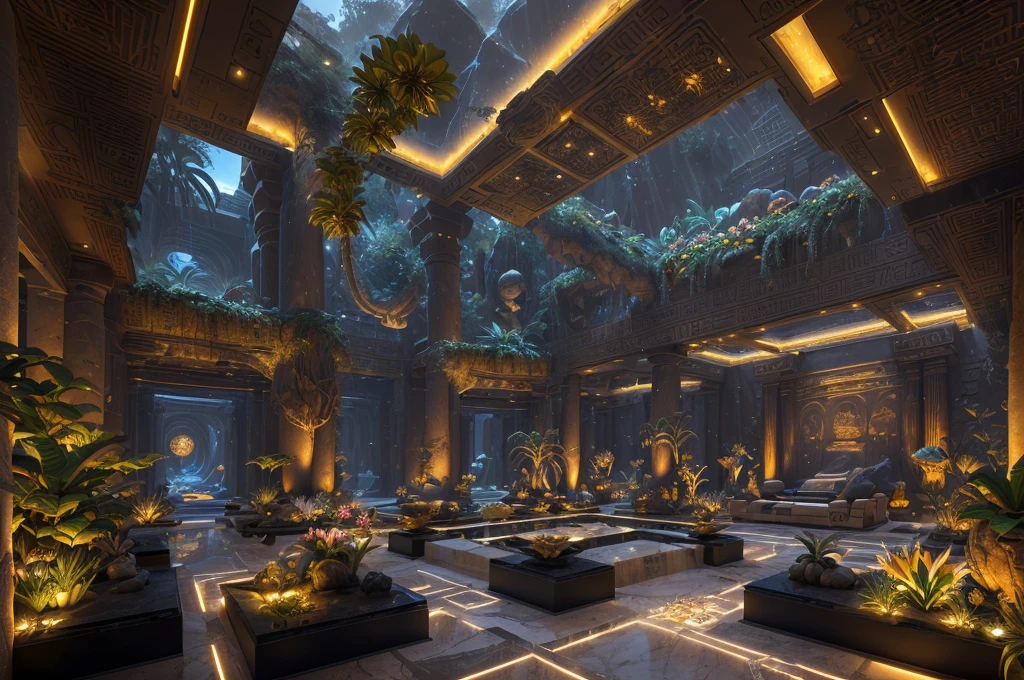 incredible luxurious futuristic interior in Ancient Egyptian style with many (((lush plants, gorgeous flowers))), (lotus flowers), ((palm trees)), rocky walls, ((sand)), ((waterfalls)) (marble), ((precious minerals)), ((metals)), (gemstones), crystals, clouds and ((water)), crocodiles, (hieroglyphics), (((ultra luxury))), (black marble) – with ((beautiful lights)), Unreal Engine, HQ, 16k