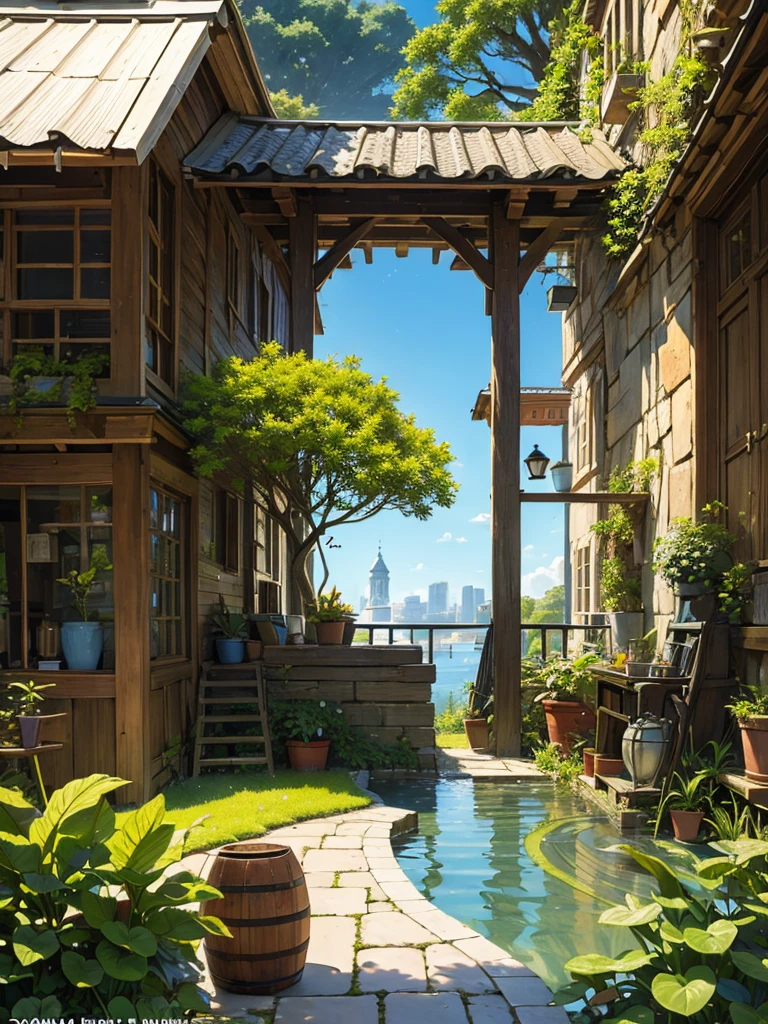 (micro-landscape:1.5),(best quality), ((masterpiece)), (highres), illustration, original, extremely detailed wallpaper, no humans, window, scenery, plant, water, potted plant, outdoors, building, door, house, flower pot, day, lily pad, chair, flower, table, stairs, watermark, hat, tree, sunlight, pond, grass, indoors, reflection, lamp, balcony, black headwear, bush, sky, railing, desk, open window, shelf, leaf, book, web address, copyright name, ladder, architecture, shadow, solo, dated, vines, vase, city, cafe, lantern, bucket, ruins, bench, shop, signature, moss, boat, barrel, river,