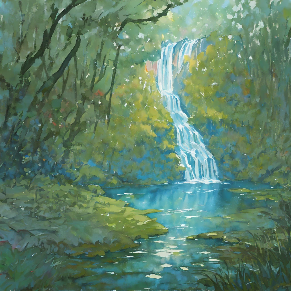 "A watercolor painting of a forest with a beautiful pond in the center, highlighting the waterfall flowing into the lake, all depicted with the utmost quality and attention to detail."