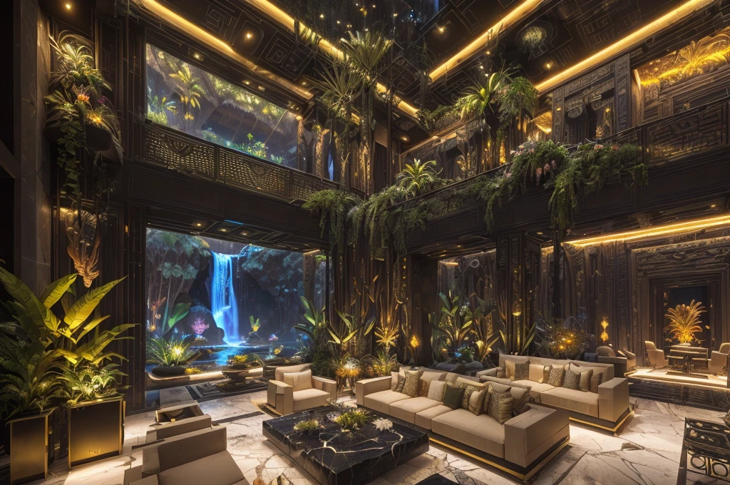 incredible luxurious futuristic living room interior in Ancient Egyptian style with many (((lush plants, gorgeous flowers))), (lotus flowers), ((palm trees)), rocky walls, ((sand)), ((waterfalls)) (marble), ((precious minerals)), ((metals)), (gemstones), crystals, clouds and ((water)), crocodiles, (hieroglyphics), (((ultra luxury))), (black marble) – with ((beautiful lights)), Unreal Engine, HQ, 16k