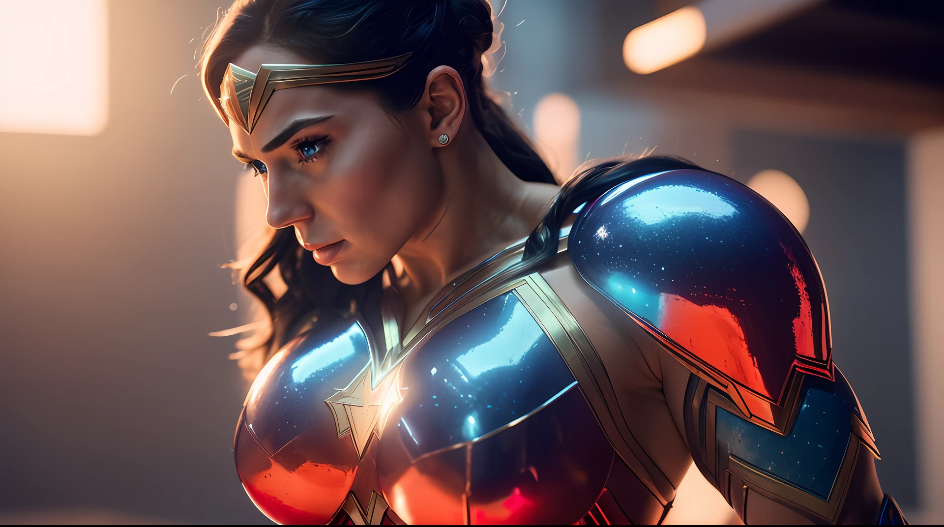 Cinematic soft lighting illuminates a stunningly detailed and ultra-realistic Wonder Woman bodybuilder, muscular, red and blue armor that is trending on ArtStation. Octane is the perfect tool to capture the softest details of this 16k photography masterpiece