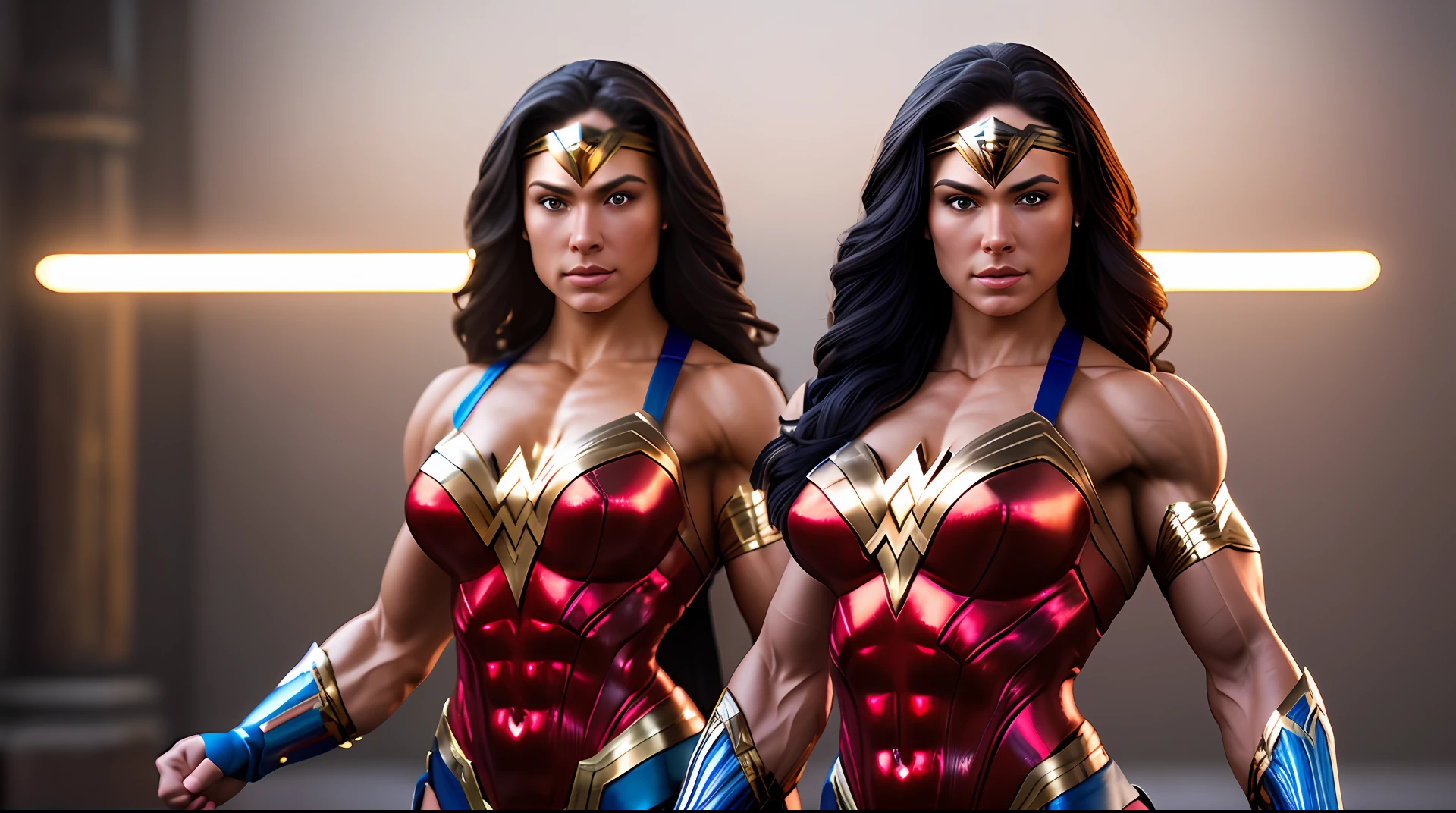 Cinematic soft lighting illuminates a stunningly detailed and ultra-realistic Wonder Woman bodybuilder, muscular, red and blue armor that is trending on ArtStation. Octane is the perfect tool to capture the softest details of this 16k photography masterpiece