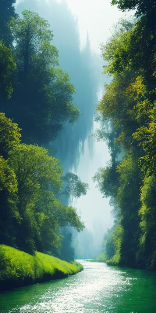 Analog style,ChromaV5,nvinkpunk,(extremely detailed CG unity 8k wallpaper),An image of a majestic river, trees on the sides, tiny waterfall, intense fog ,award winning photography, Chromatic Aberration, Detailed , HDR, Bloom, style by Monet, Pissarro, and Sisley ,trending on ArtStation, trending on CGSociety, art by midjourney