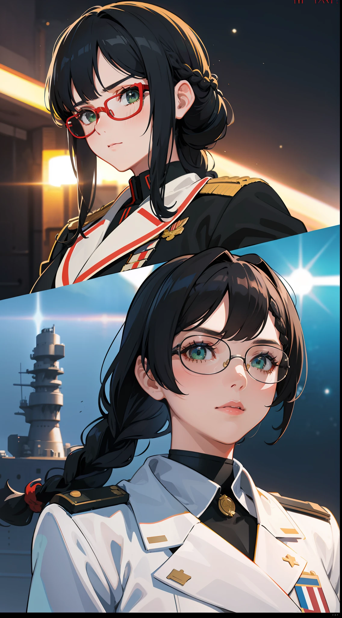 Movie Poster,((Braid Hairstyle : 1.5)),Anime Reference 86 ,Science Fiction,Sci-Fi,Movies,War Action Movies,Space,Atmosphere,Sky,Battleship,Multiple Characters,Women,Adults,Green Eyes,Black Hair,(Pia bangs hairstyle) : 1.8 ),(Red Glasses),General Uniform,White Commander Uniform,Realistic Face Details,Realism,3D Face,