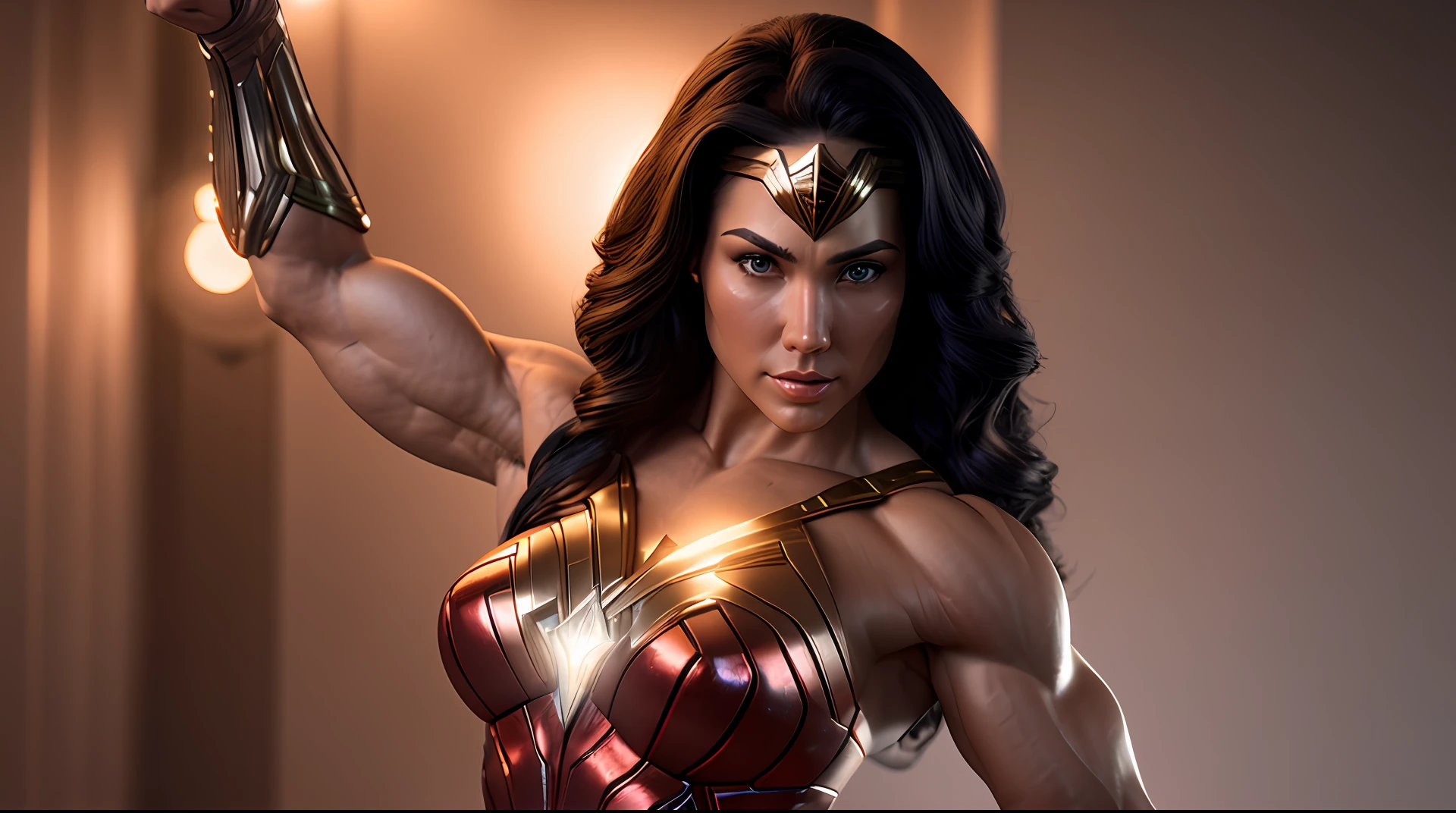 Cinematic soft lighting illuminates a stunningly detailed and ultra-realistic Wonder Woman bodybuilder, muscular, red and blue armor that is trending on ArtStation. Octane is the perfect tool to capture the softest details of this 16k photography masterpiece
