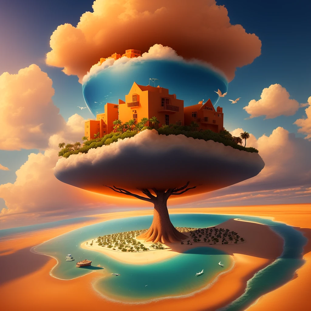 Create a man on a desert island, this island has no water, it is an island surrounded by clouds, this island seems to be floating, around it the sky is orange with the sunset, and there are birds surrounding the island
