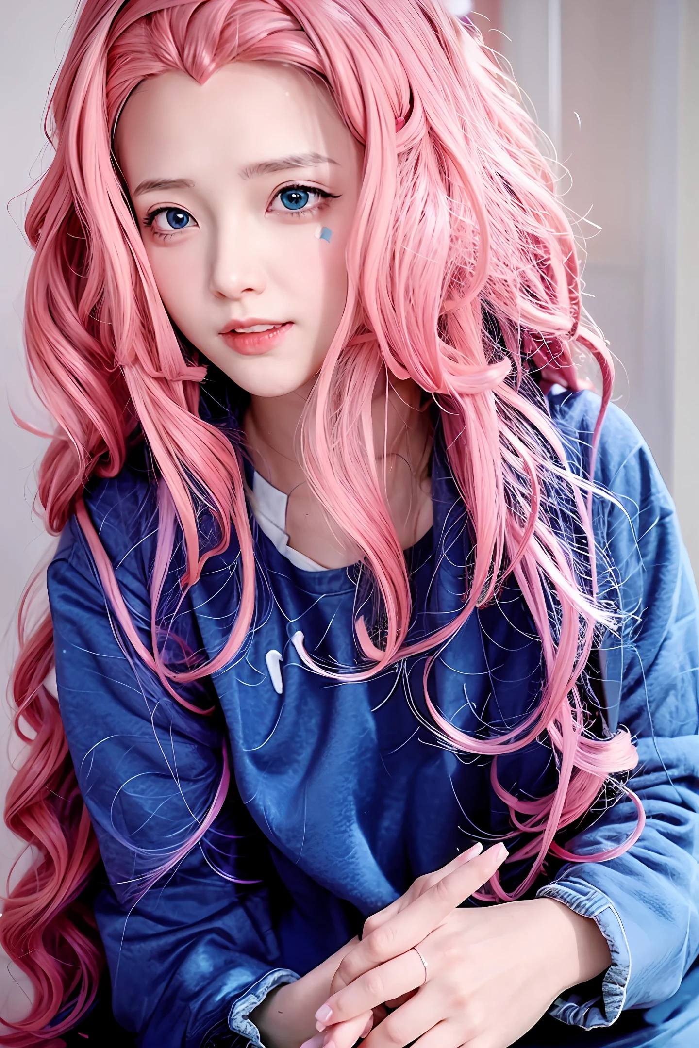 Create an anime girl with curly, wavy pink hair who plays live mobile games.
