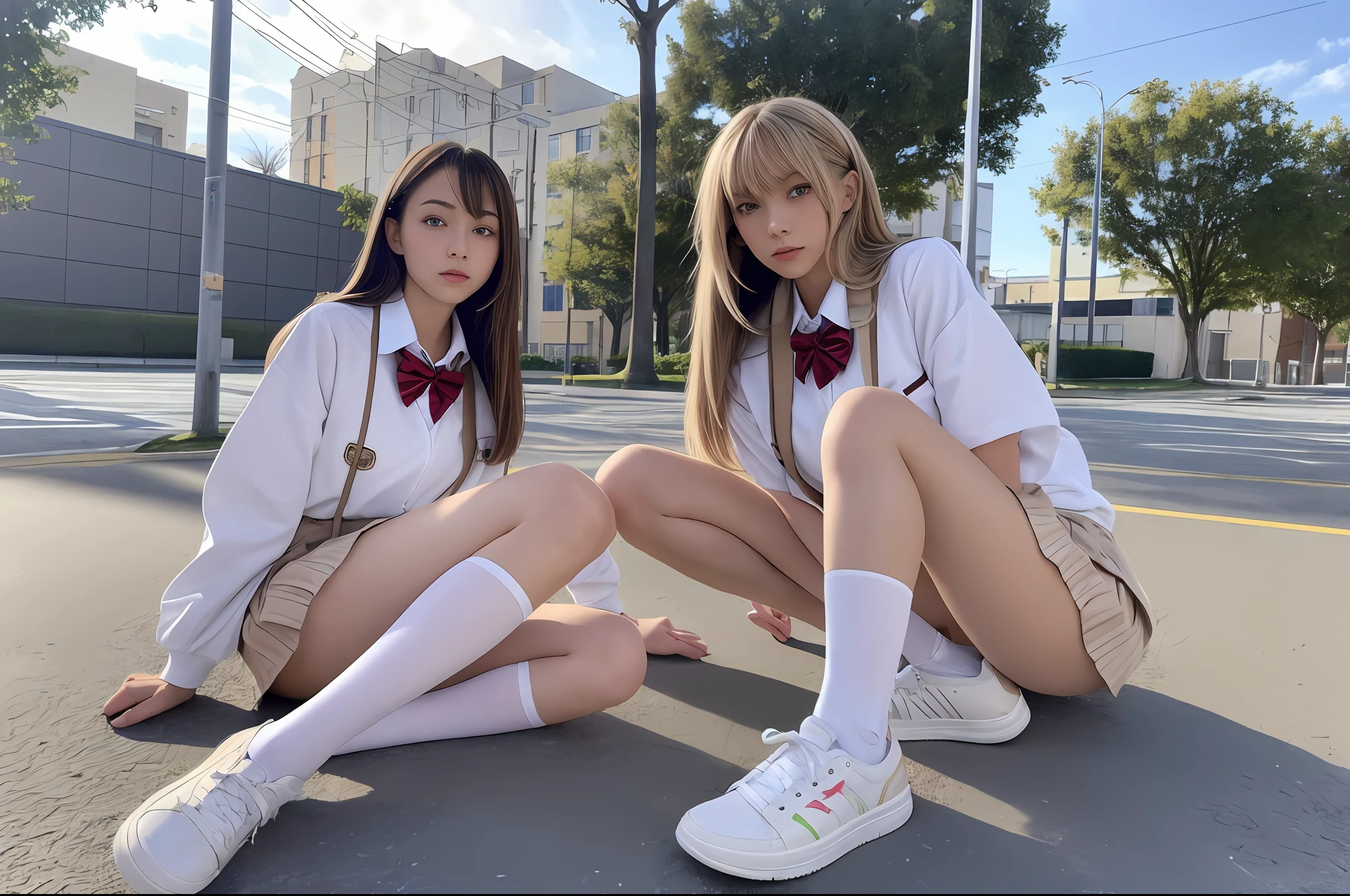 1girl brunette with a blonde girl friend (8k, RAW photo, highest quality, masterpiece: 1.2), (realistic, realistic: 1.37), solo, ultra-detail, white pantyhose, long shot, beautiful background, Japanese school uniform, full body, realistic eyes and face details, natural skin texture, full body, (going to school: 1.4), sneakers, detailed face, cinematic lighting, realism, realistic background,  realistic lighting, angular beauty, thin ankles, school background, gyaru, perfect body proportions, domineering pose, flirting