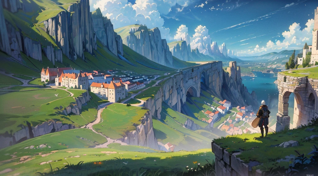 (((8k, RAW photo, best quality, masterpiece:1.4)))), ultra high resolution, ultra-detailed, illustration, medieval explorer, (man on cliff:1.2), small medieval town in the distance, landscape, warped clouds, well made sky, medieval kingdom, townscape, imagining, outdoors, background only, (aeria view:1.2)