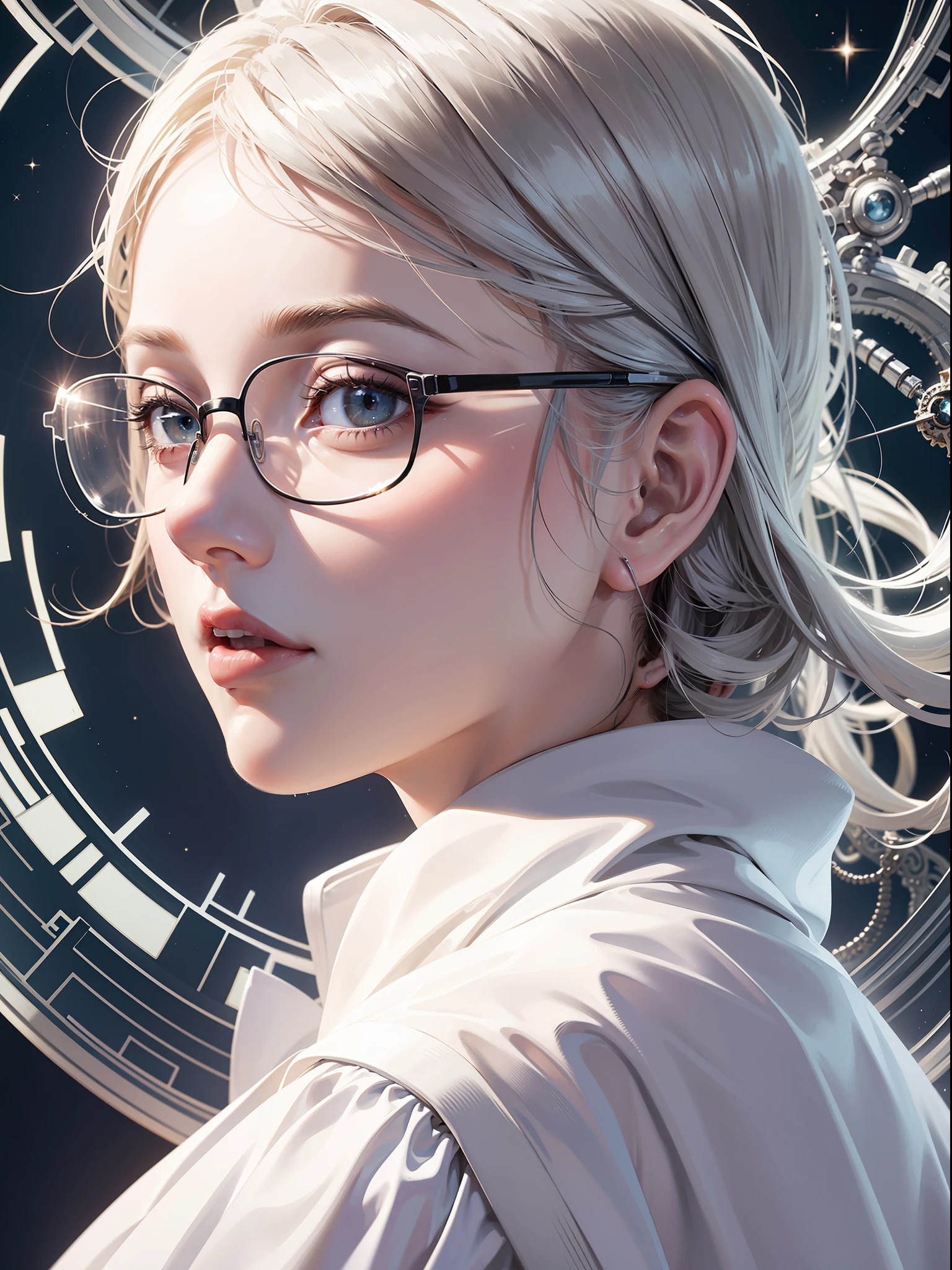 Official Art, Unified 8k Wallpaper, Side Closeup, Ultra Detailed, White Robe Female Scientist, Masterpiece, Best Quality, (Fractal Art: 1.3), 1girl, Very Detailed, Dynamic Angle, Most Beautiful Forms Chaotic, Elegant, With Glasses, Lab, Elegant, --v 6