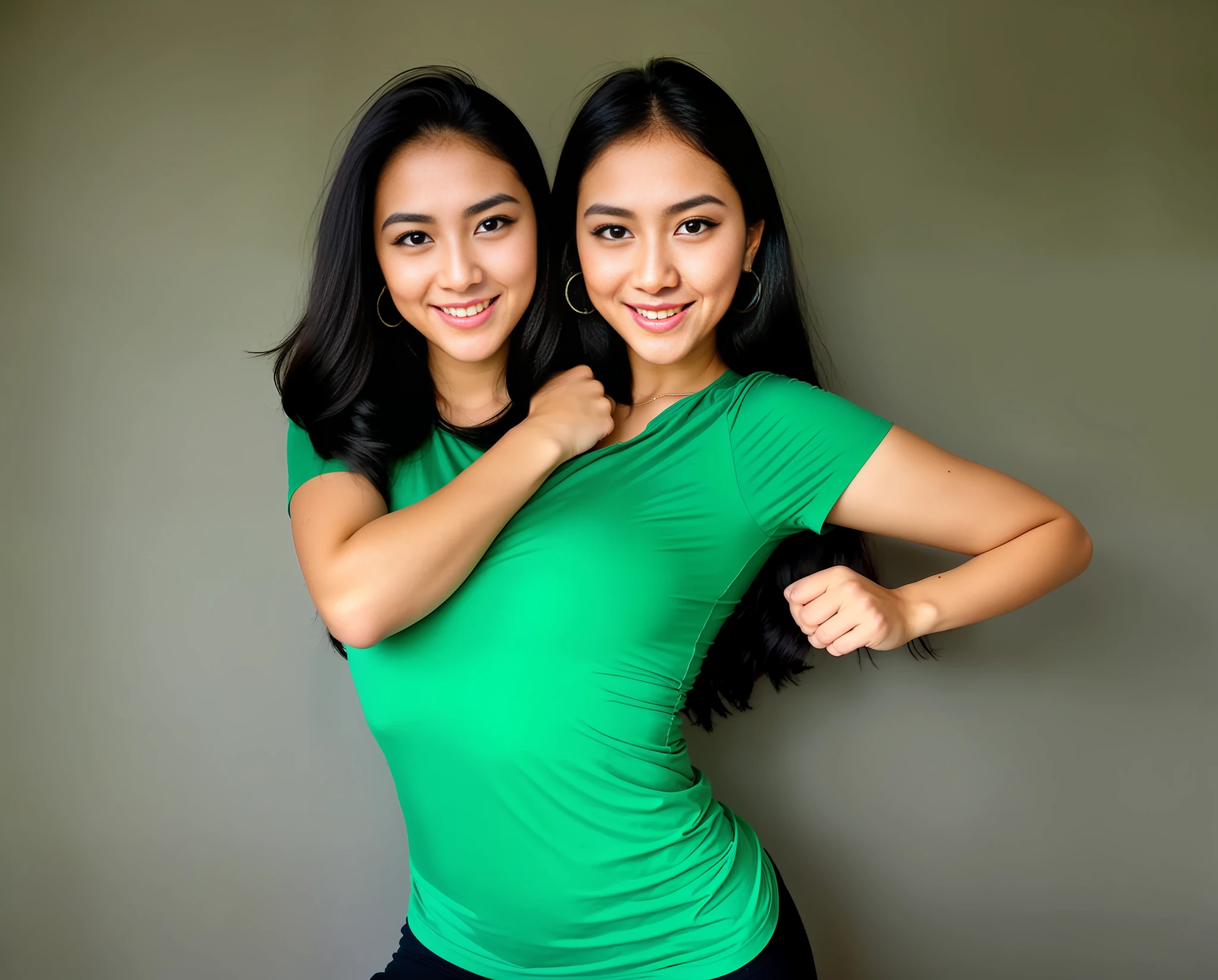 2heads, Extra arms, a woman posing for a picture, green shirt, blue leggings, curvy arms, incredibly beautiful, strong pose, very beautiful, arms to the side, 4 arms and 2 legs!, curvy and slender arms, multiple arms, armpits fused to shoulders, normal hands, slender body, rounder face, cute facial structure, cute nose, american eyes, identical faces, light green eyes, long black hair, earrings, 21 years old, upper body shoot, vietnamese, lighter skin tone, same size heads