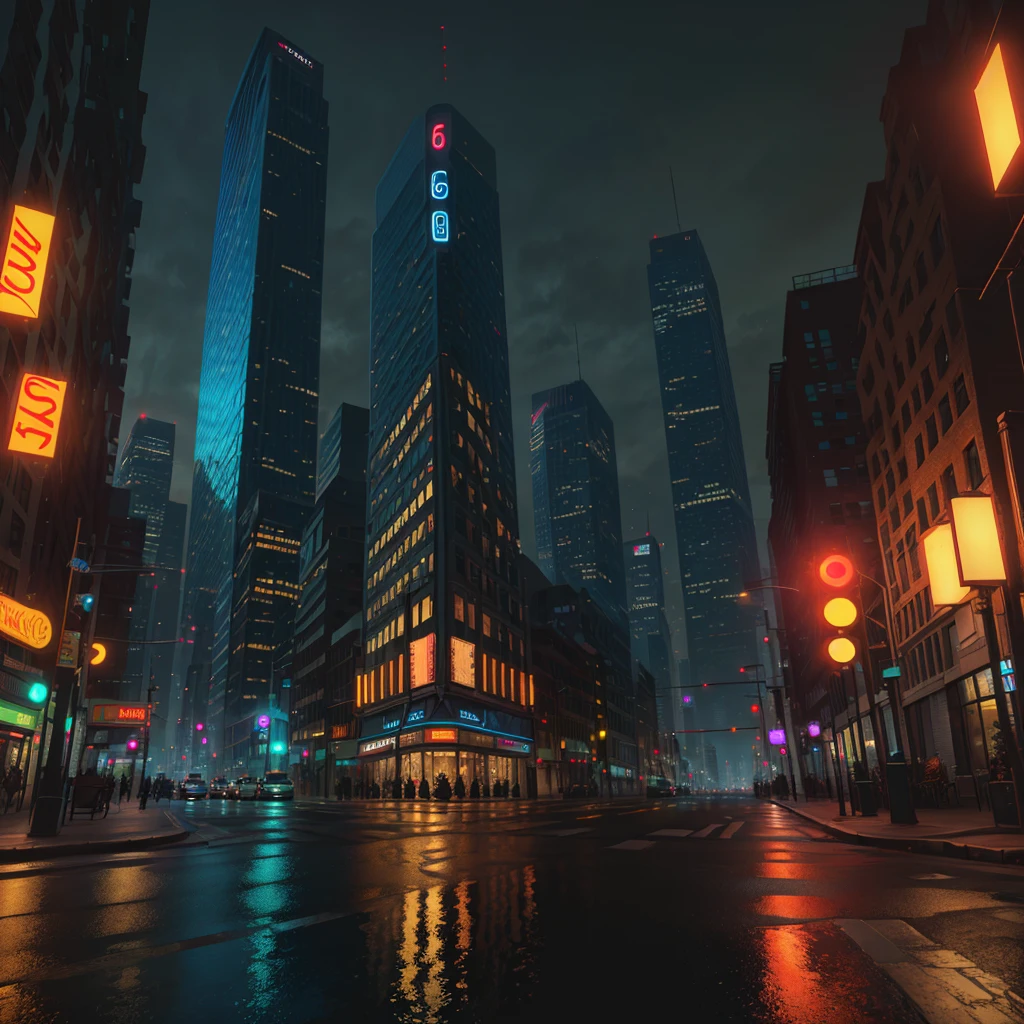 ((vision 360)), ((hdr)),city street, buildings in the background, noir style, advertising panels, lights, humid climate, reflections, 8k, (masterpiece)