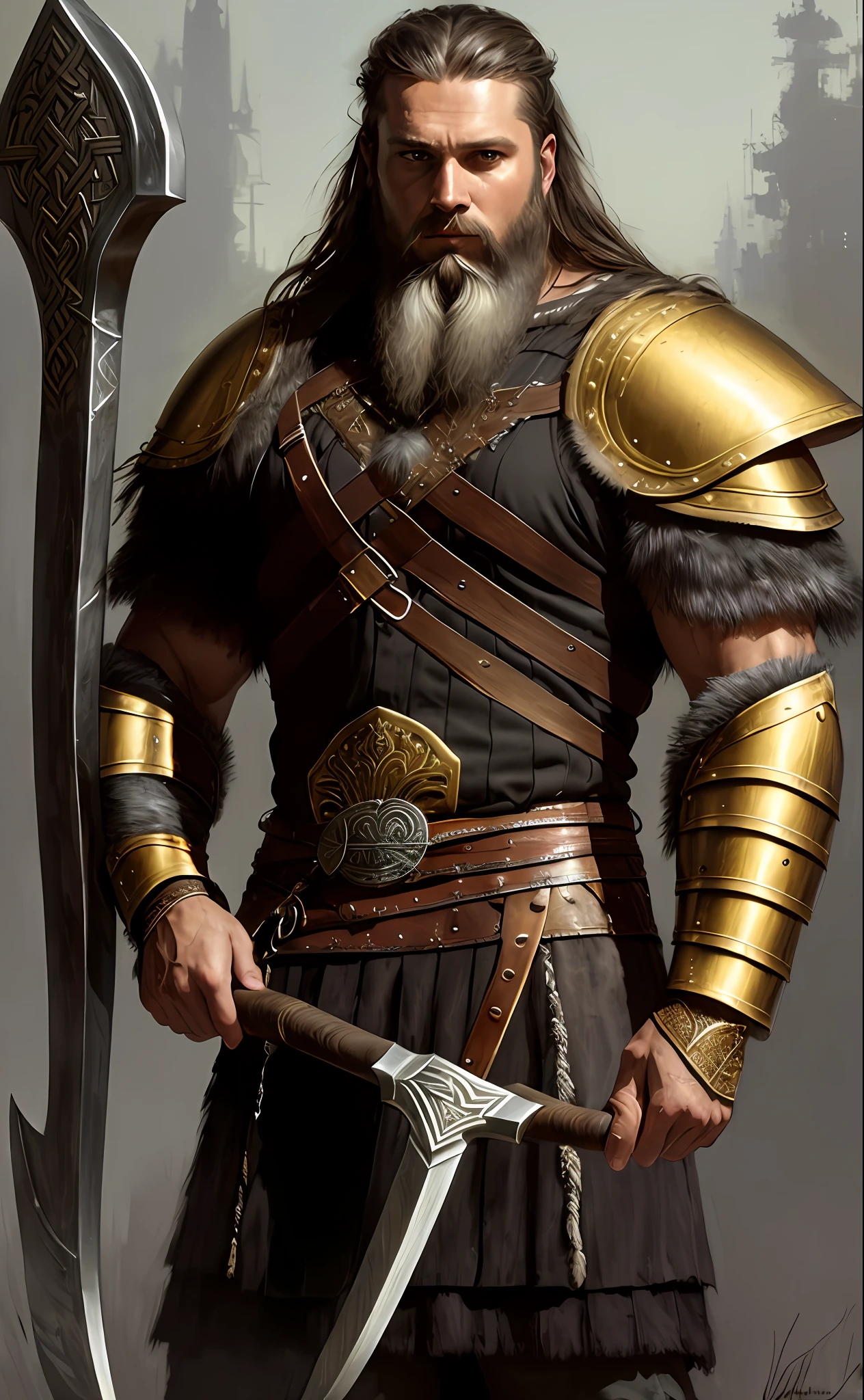 Photo portrait, tall Nordic viking warrior, ((black hair)), brown skin++, viking+ beard, (((wearing gleaming golden armor and a viking axe,))), detailed skin, huge muscles+, huge muscular thighs+, large bulge, fantasy, forest, male, manly, looking at the viewer, model style session, (extremely detailed CG), photo of beautiful works of art, (Antonio Moro), (Jeremy Mann), High Detail,  Sharp focus, dramatic+, oil painting++, (photorealistic), Intricate, beautiful, gigachad++,