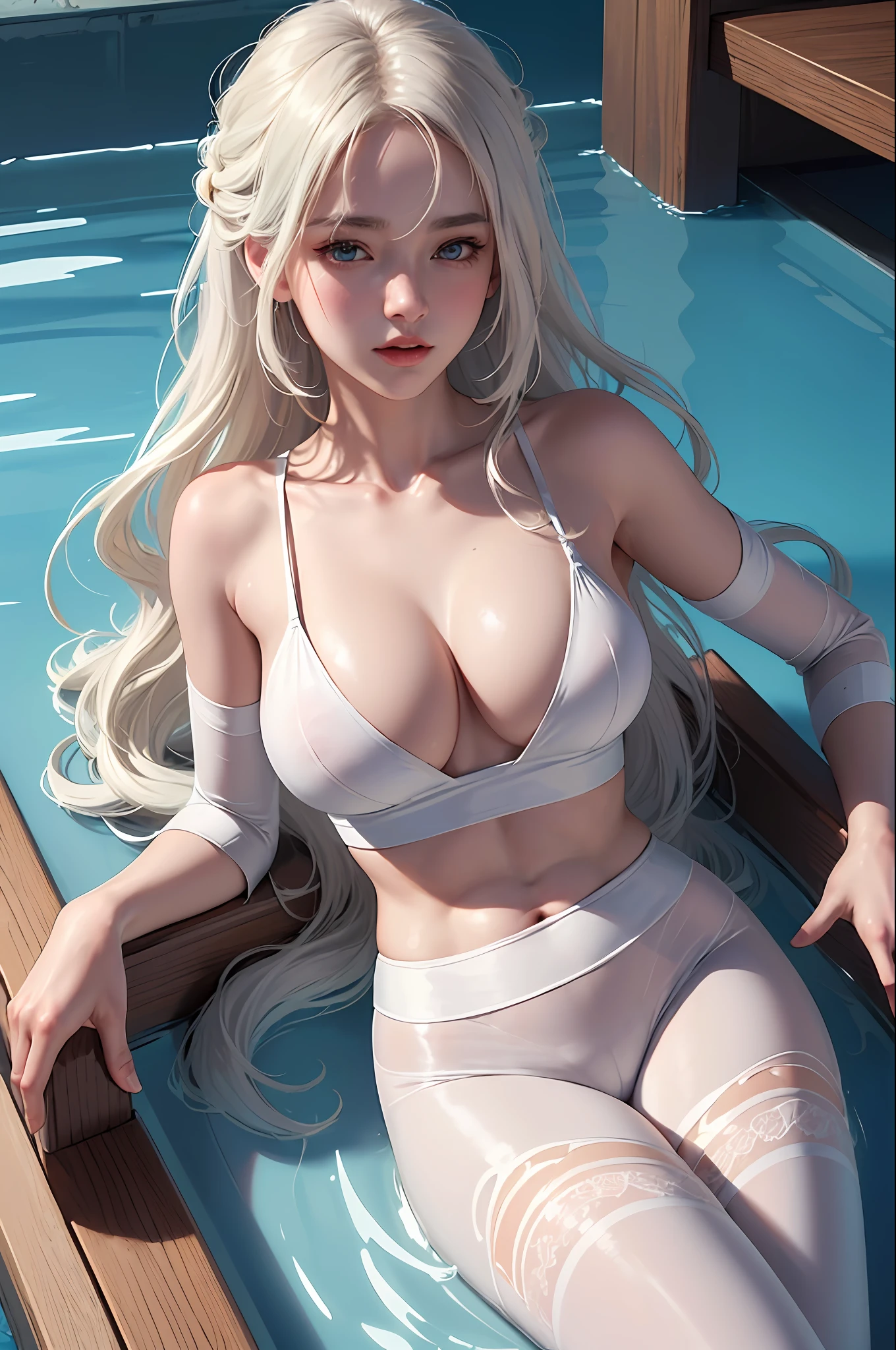 (hyperrealistic), (illustration), (high resolution), (8K), (extremely detailed), (best illustration), (beautiful detailed eyes), (best quality), (ultra detailed), (masterpiece), ( wallpaper), (pool detailed face), solo 1 girl, white wavy hair, korean, heterochromic eyes, loose white shirt, yoga pants, big breasts, long legs, tight abs,