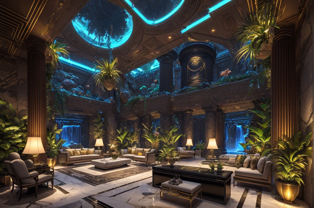 incredible luxurious futuristic interior in Ancient Egyptian style with many (((lush plants, gorgeous flowers))), (lotus flowers), ((palm trees)), rocky walls, ((sand)), ((waterfalls)) (marble), ((precious minerals)), ((metals)), (gemstones), crystals, clouds and ((water)), ((luxury furniture made out of gemstones)), crocodiles, (hieroglyphics), (((ultra luxury))), (black marble) – with ((beautiful lights)), Unreal Engine, HQ, 16k
