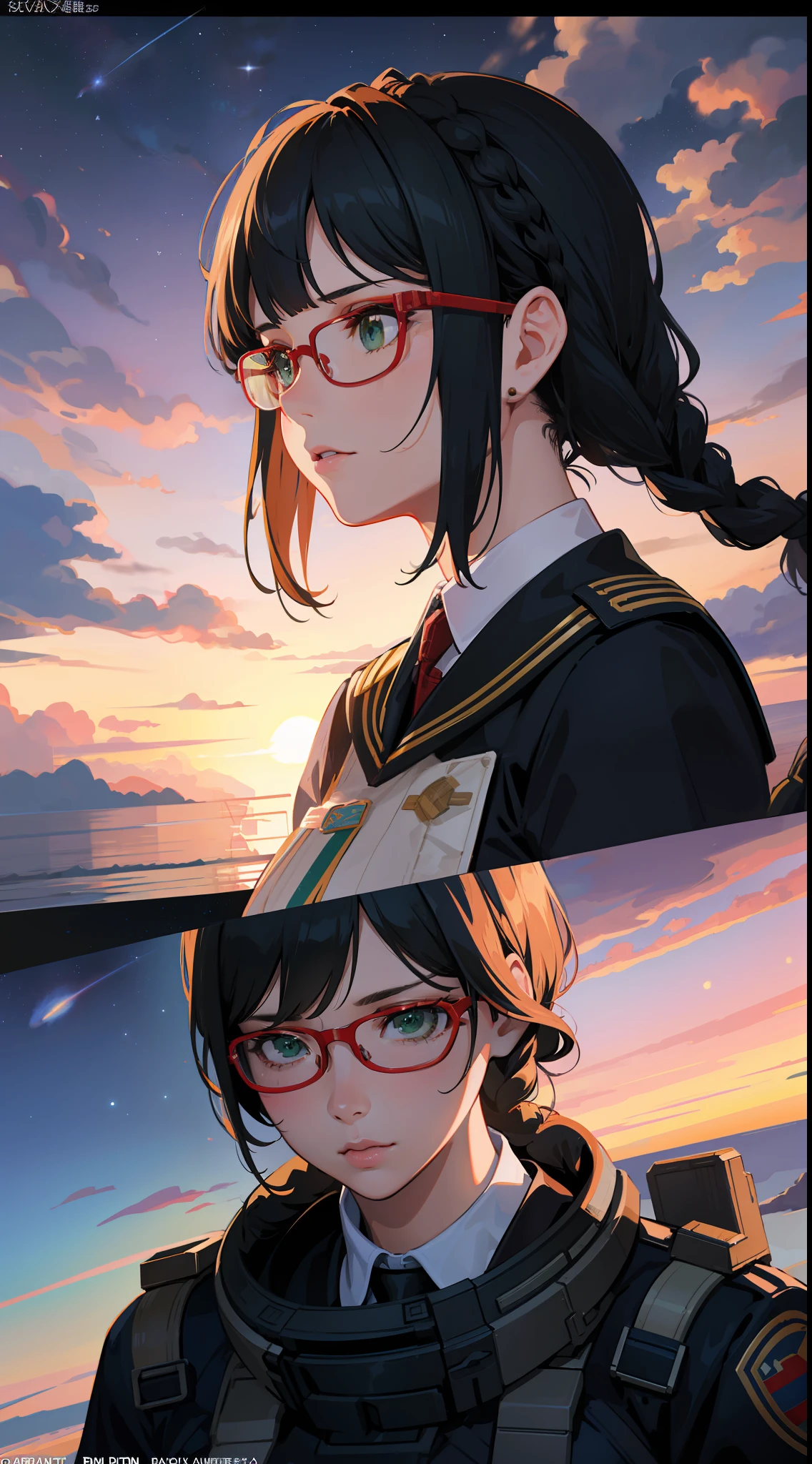 Movie Poster,((Braid Hairstyle : 1.5)),Anime Reference 86 ,Science Fiction,Sci-Fi,Movies,War Action Movies,Space,Atmosphere,Sky,Battleship,Multiple Characters,Women,Adults,Green Eyes,Black Hair,(Pia bangs hairstyle) : 1.8 ),(Red Glasses),General Uniform,White Commander Uniform,Realistic Face Details,Realism,3D Face,