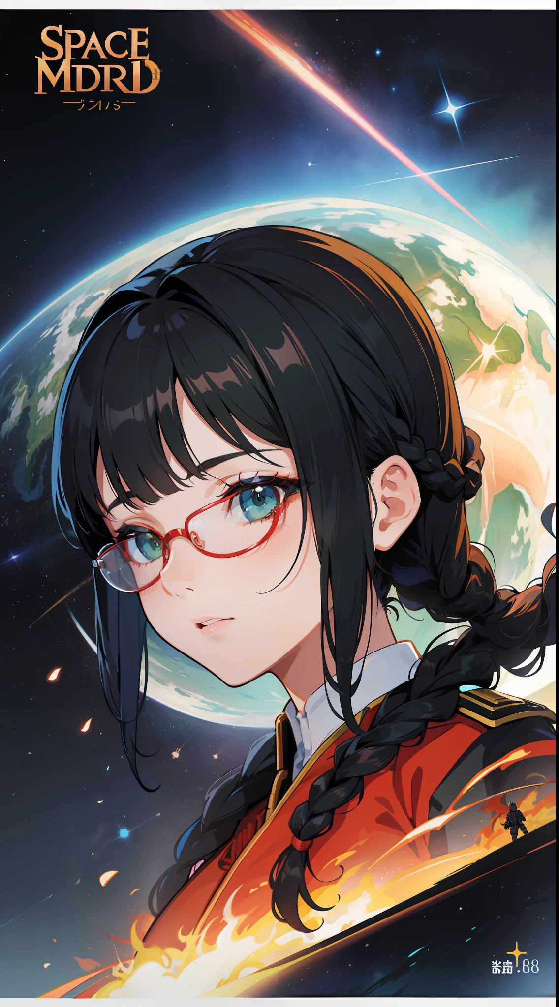Movie Poster,((Braid Hairstyle : 1.5)),Anime Reference 86 ,Science Fiction,Sci-Fi,Movies,War Action Movies,Space,Atmosphere,Sky,Battleship,Multiple Characters,Women,Adults,Green Eyes,Black Hair,(Pia bangs hairstyle) : 1.8 ),(Red Glasses),General Uniform,White Commander Uniform,Realistic Face Details,Realism,3D Face,