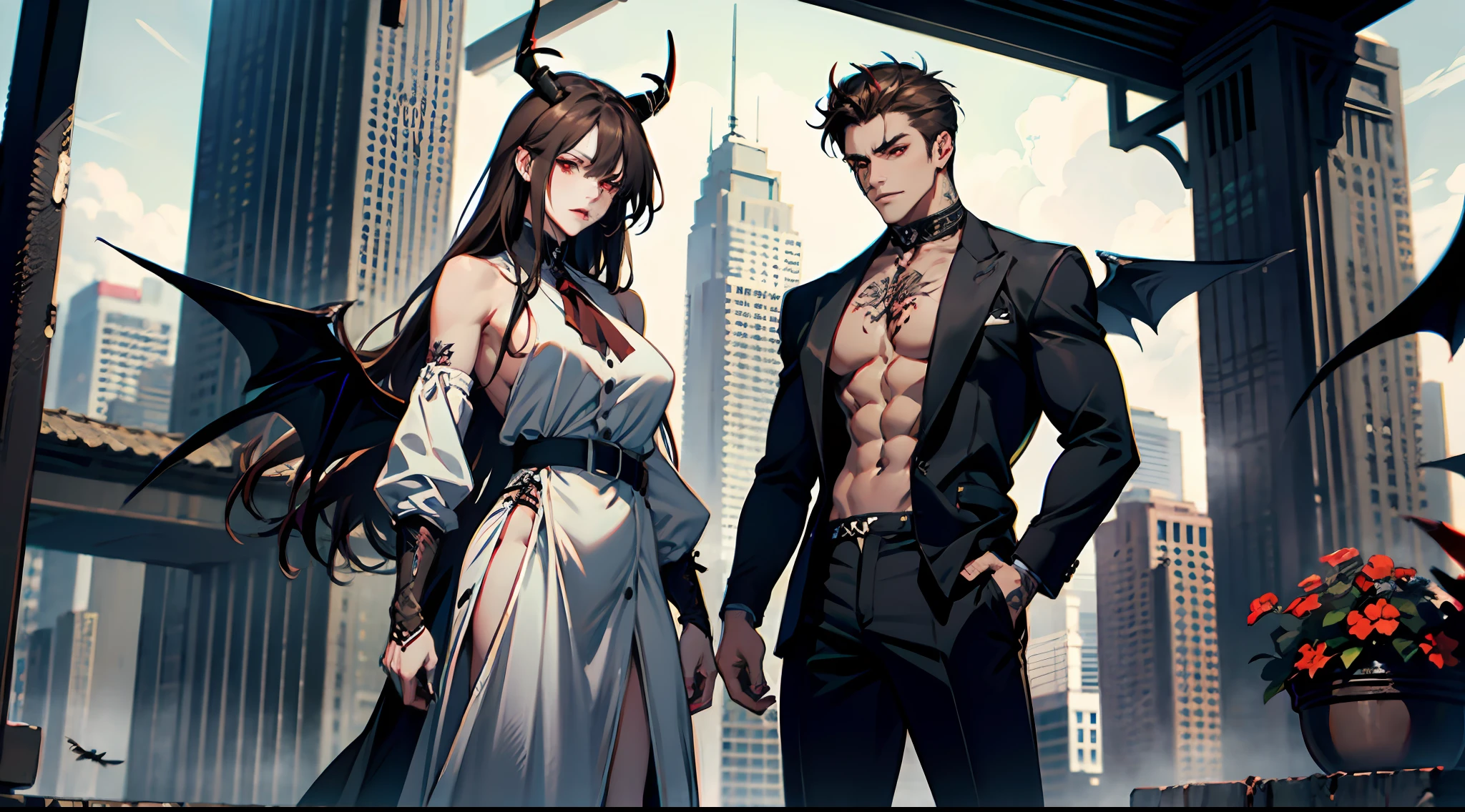 stand alone, Man sitting on porch, muscular, shirt, topless, big boobs, woman's breasts, brown hair, red eyes, winged, black way, overcast background, horned, devilish, perfect, highly detailed , detailed hand , Serious facial expression, swollen pants, arm tattoo, blood tattoo, 1 hand behind, licking lips, 1 hand touching chest, full body photo, tall , young, sexy, scary, gloomy ,